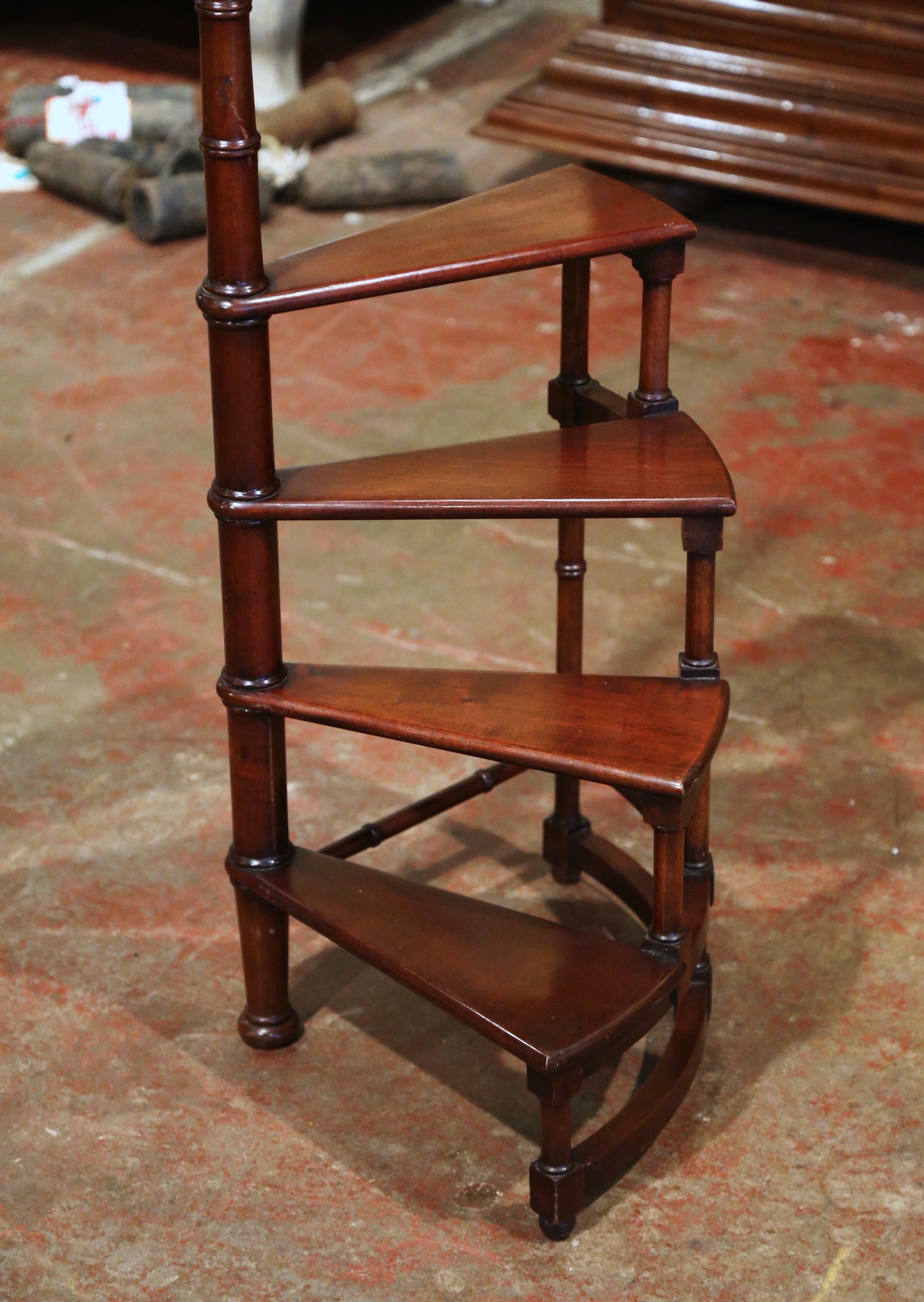 20th Century French Louis XIII Carved Mahogany Library Spiral Step Ladder 2