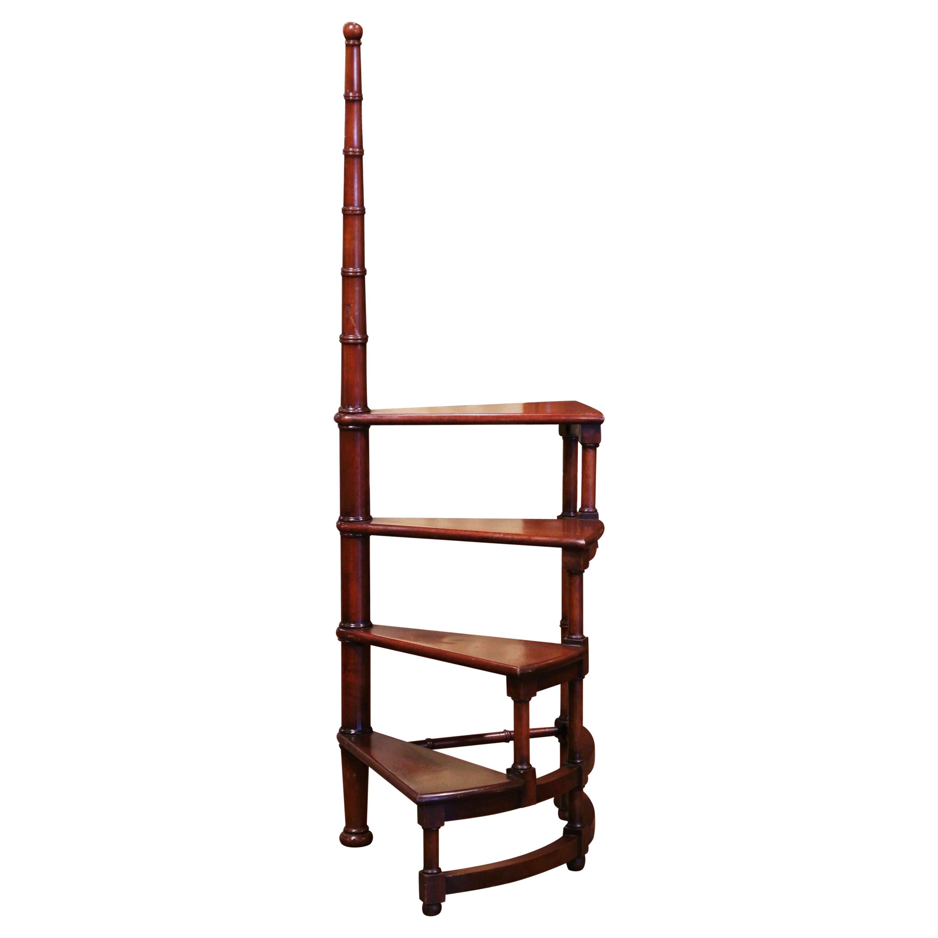 20th Century French Louis XIII Carved Mahogany Library Spiral Step Ladder