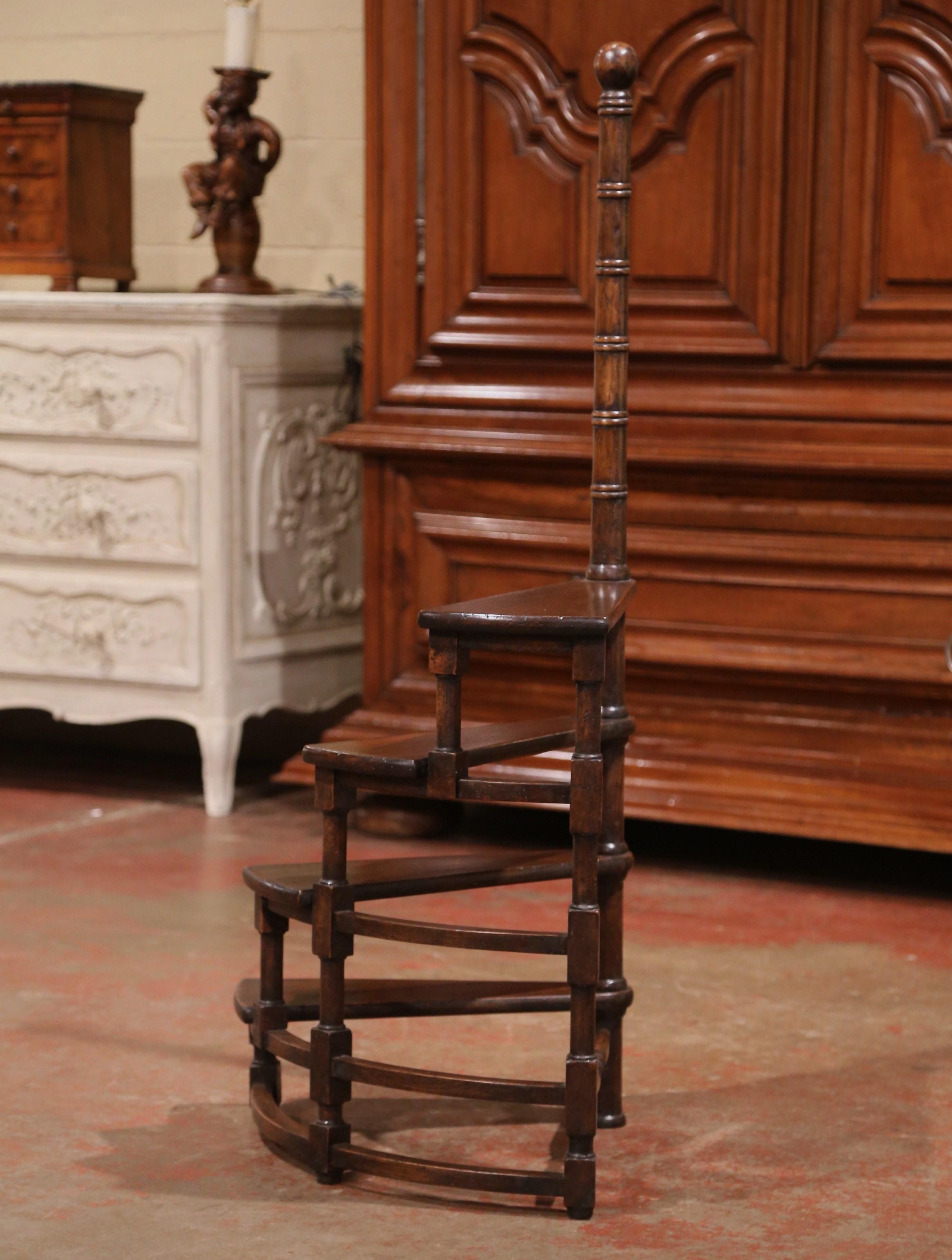 Hand-Carved 20th Century French Louis XIII Carved Walnut Library Spiral Step Ladder