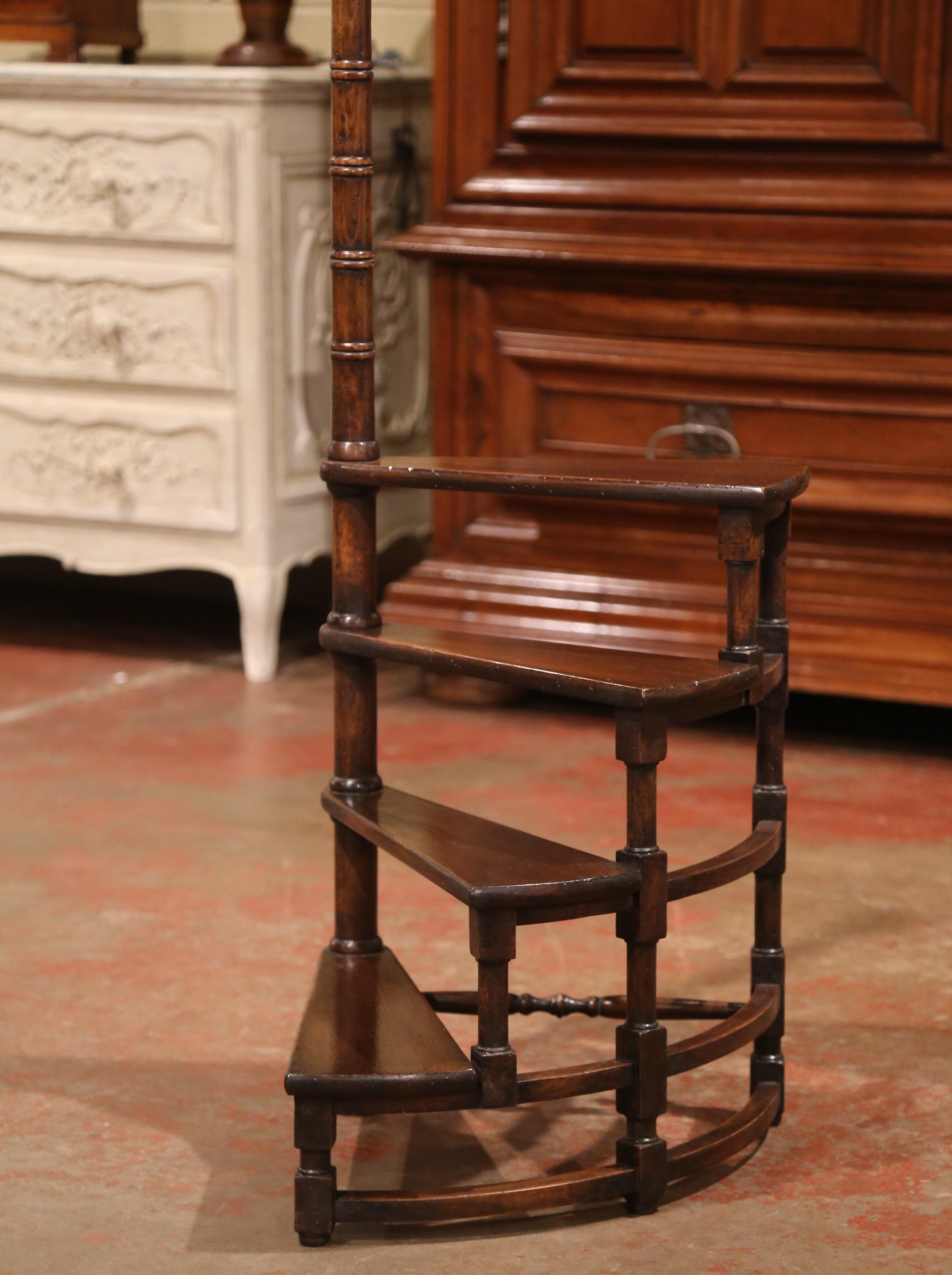 20th Century French Louis XIII Carved Walnut Library Spiral Step Ladder 1