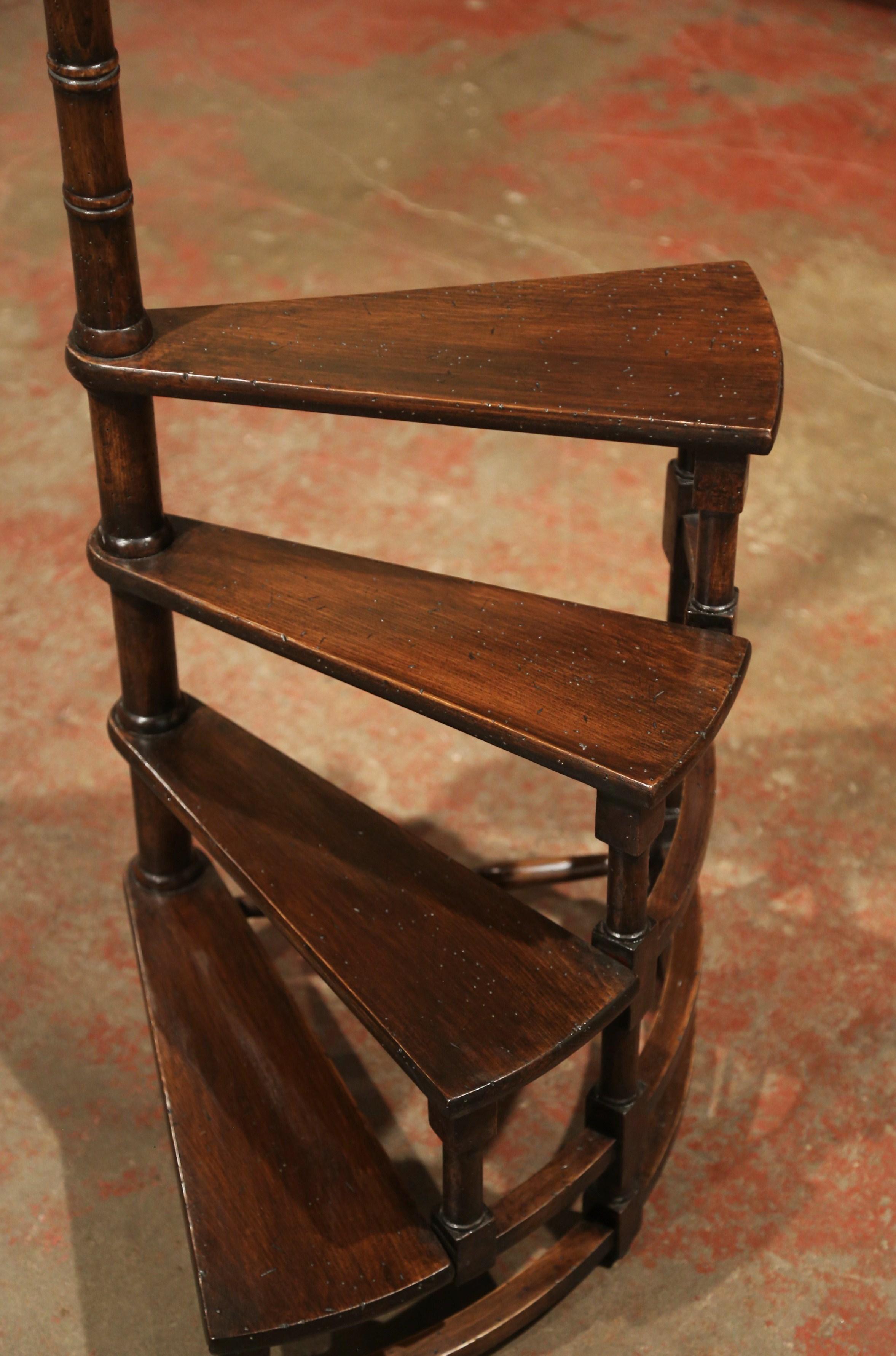 20th Century French Louis XIII Carved Walnut Library Spiral Step Ladder 2