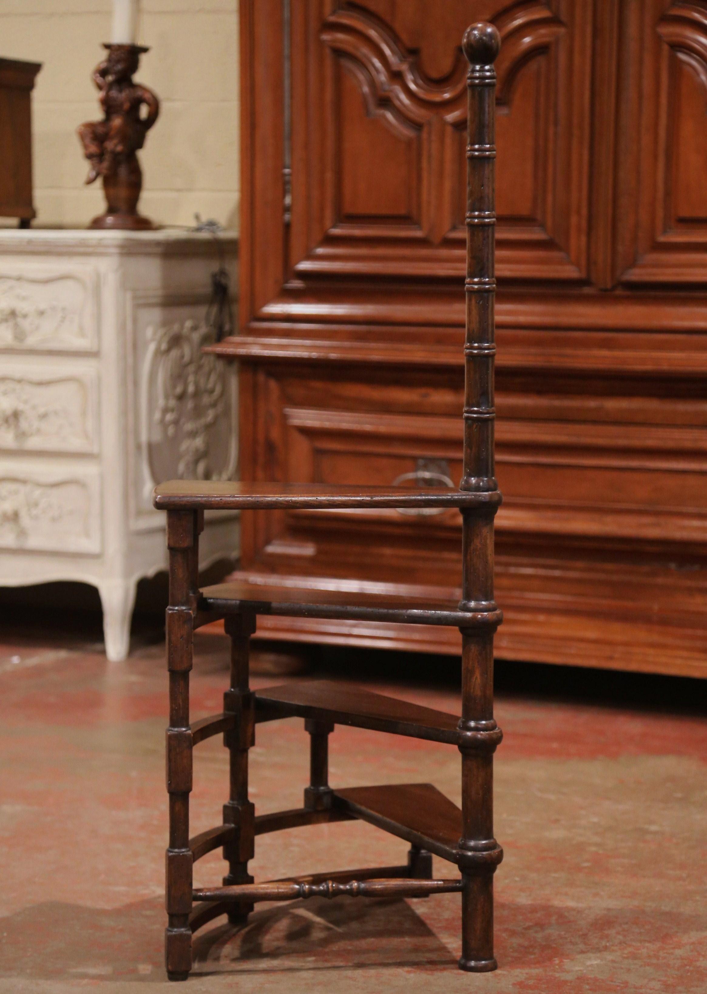 20th Century French Louis XIII Carved Walnut Library Spiral Step Ladder 3