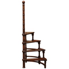 Retro 20th Century French Louis XIII Carved Walnut Library Spiral Step Ladder