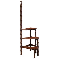 Vintage 20th Century French Louis XIII Carved Walnut Library Spiral Step Ladder