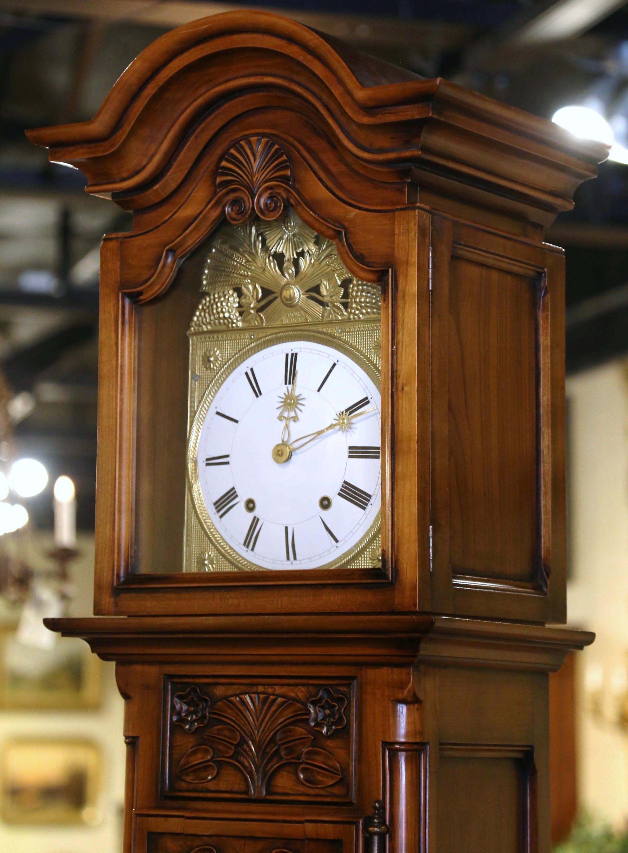 Patinated 20th Century French Louis XV Carved Burl Wood Grandfather Clock from Lyon Region For Sale