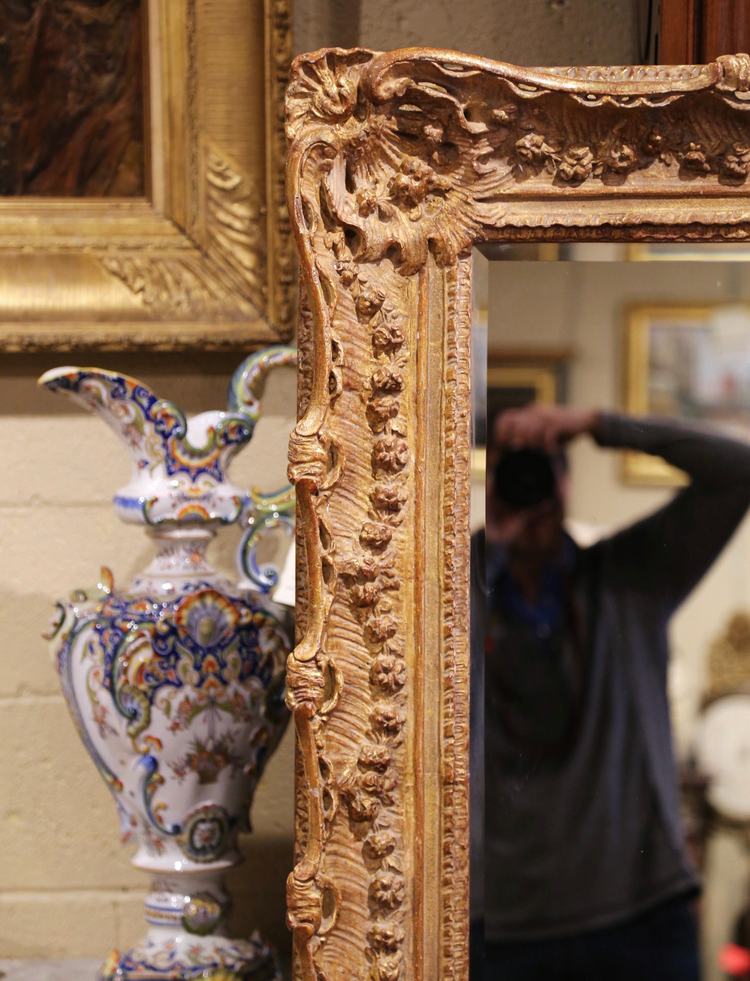 20th Century French Louis XV Carved Gold Leaf Mirror with Floral and Shell Decor In Excellent Condition In Dallas, TX