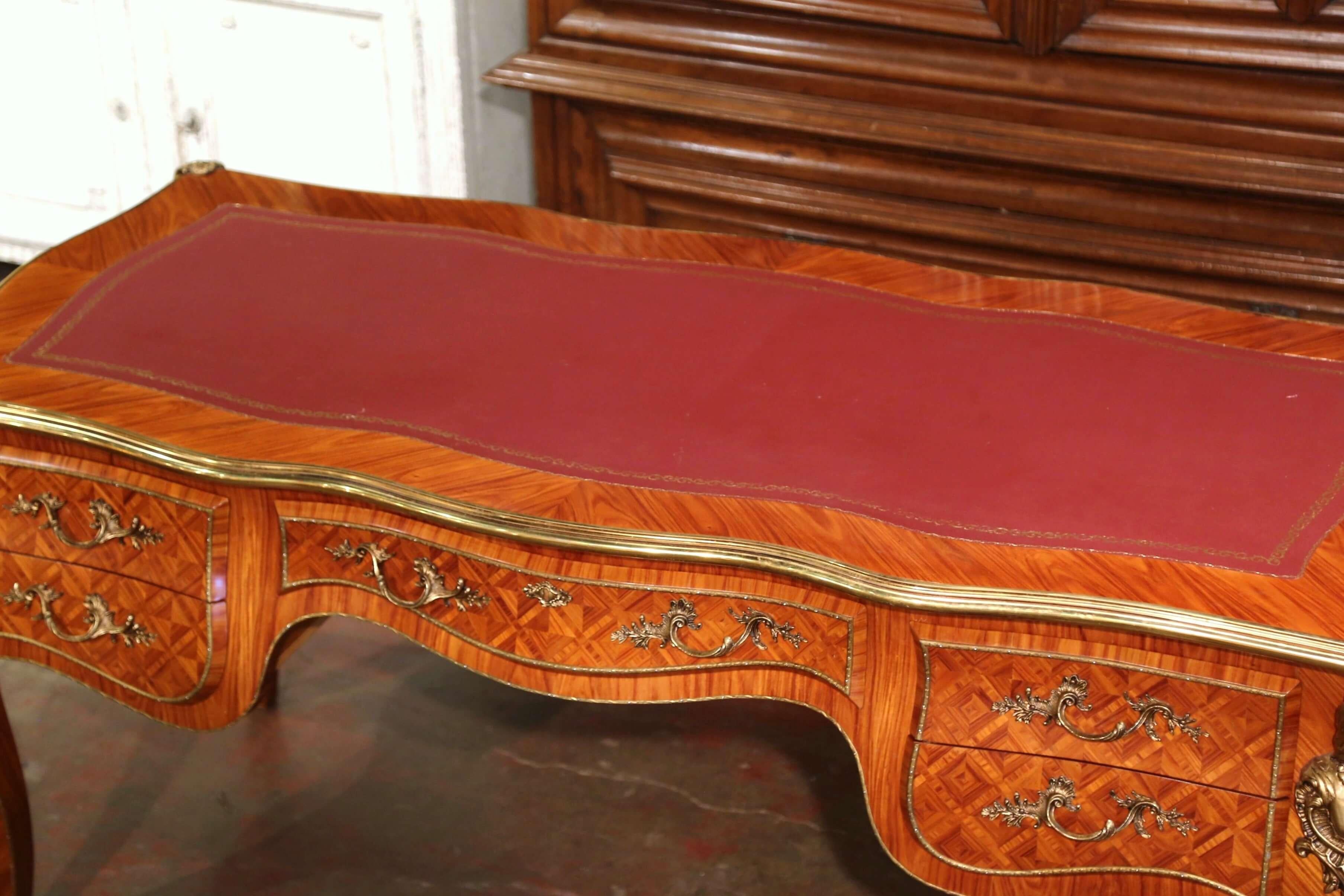 Hand-Carved 20th Century French Louis XV Carved Leather Top Marquetry & Bronze Bureau Plat