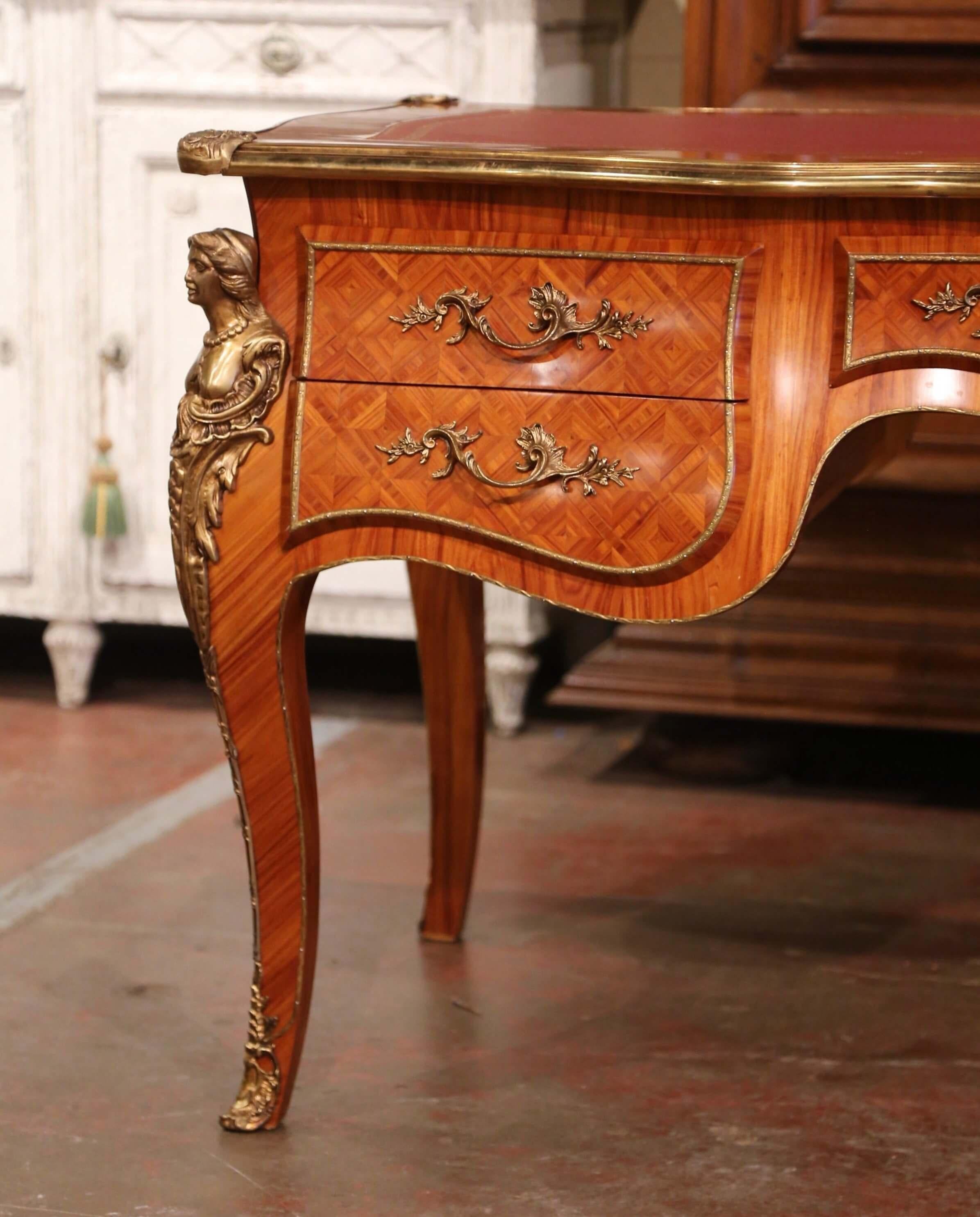 20th Century French Louis XV Carved Leather Top Marquetry & Bronze Bureau Plat In Excellent Condition In Dallas, TX