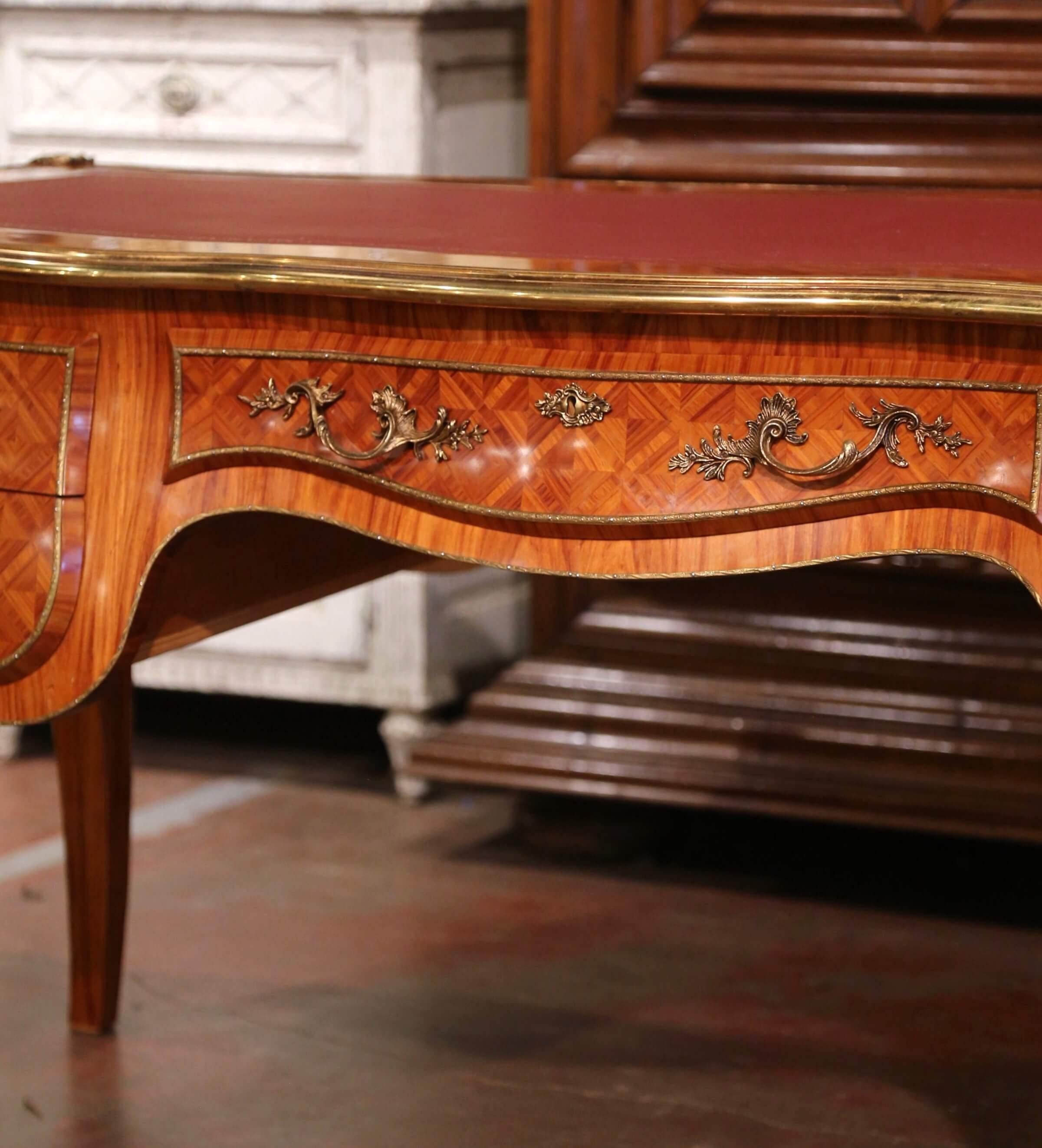 Contemporary 20th Century French Louis XV Carved Leather Top Marquetry & Bronze Bureau Plat