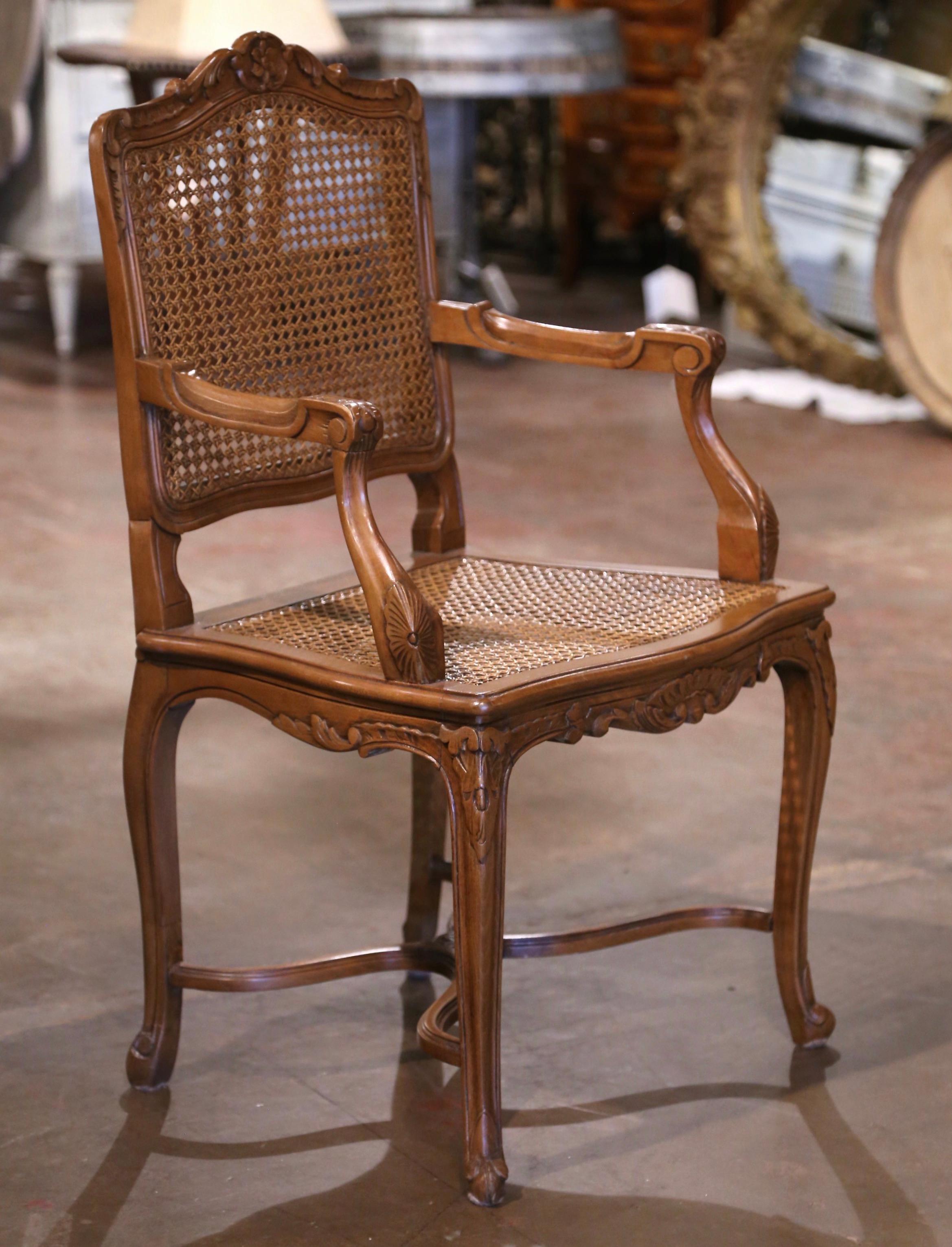 20th Century French Louis XV Carved Walnut and Cane Desk Armchair For Sale 6