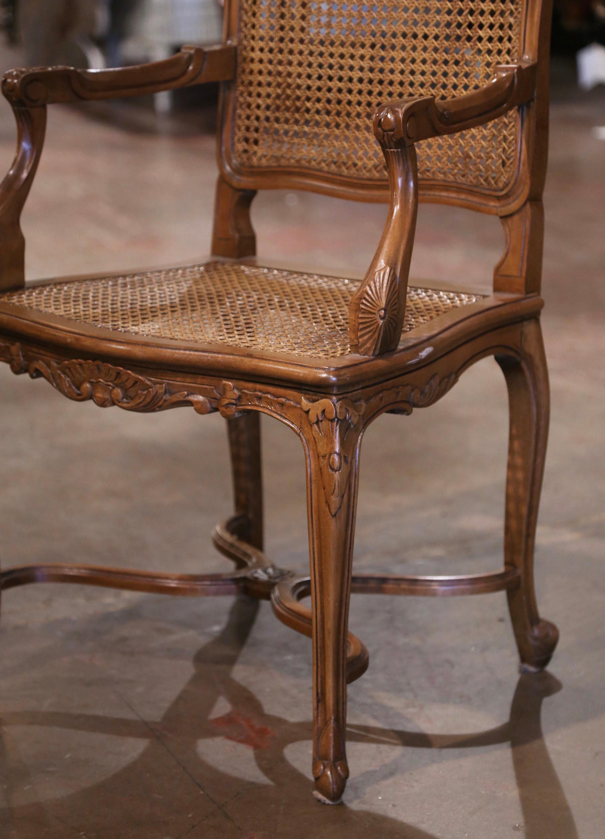 Hand-Carved 20th Century French Louis XV Carved Walnut and Cane Desk Armchair For Sale
