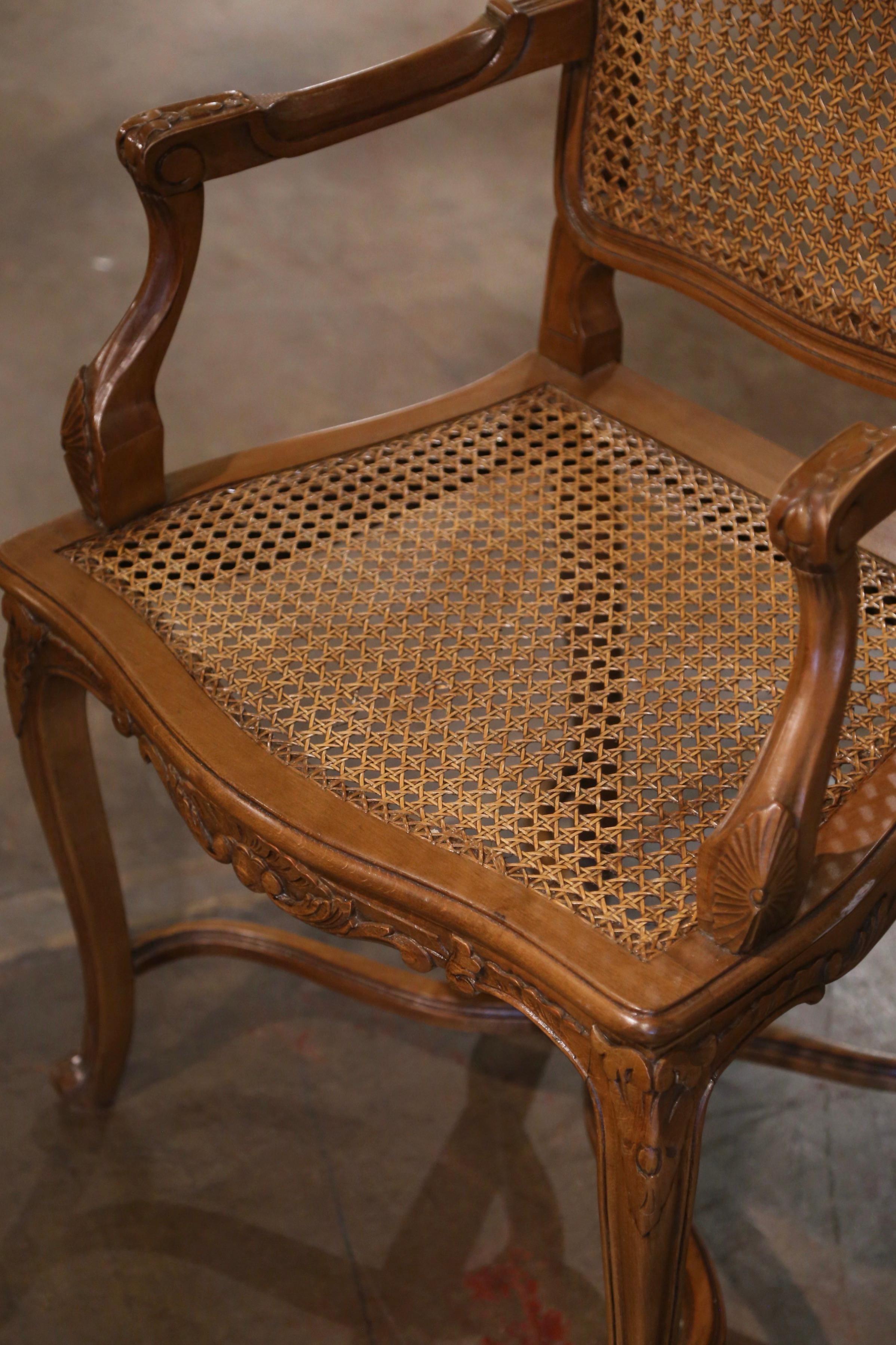 20th Century French Louis XV Carved Walnut and Cane Desk Armchair In Excellent Condition For Sale In Dallas, TX