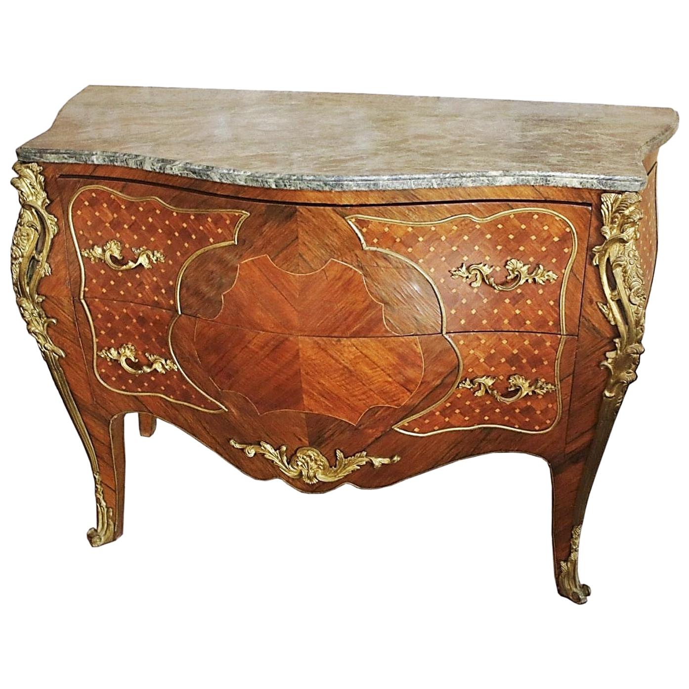 20th Century French Louis XV Inlaid Marble and Ormolu Bombe Commode