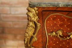 20th Century French Louis XV Inlaid Marble and Ormolu Bombe Commode