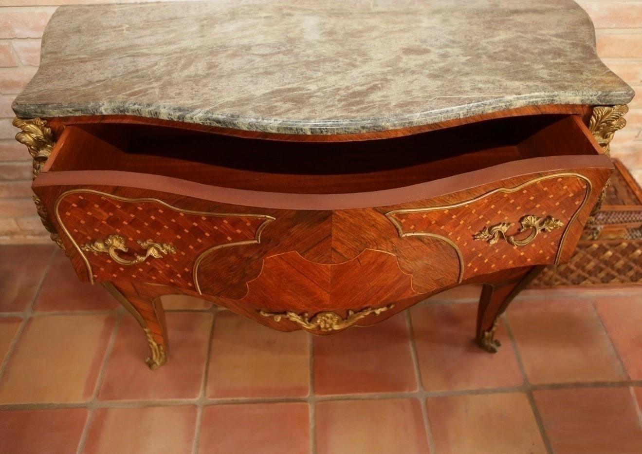 Gilt 20th Century French Louis XV Inlaid Marble and Ormolu Bombe Commode For Sale