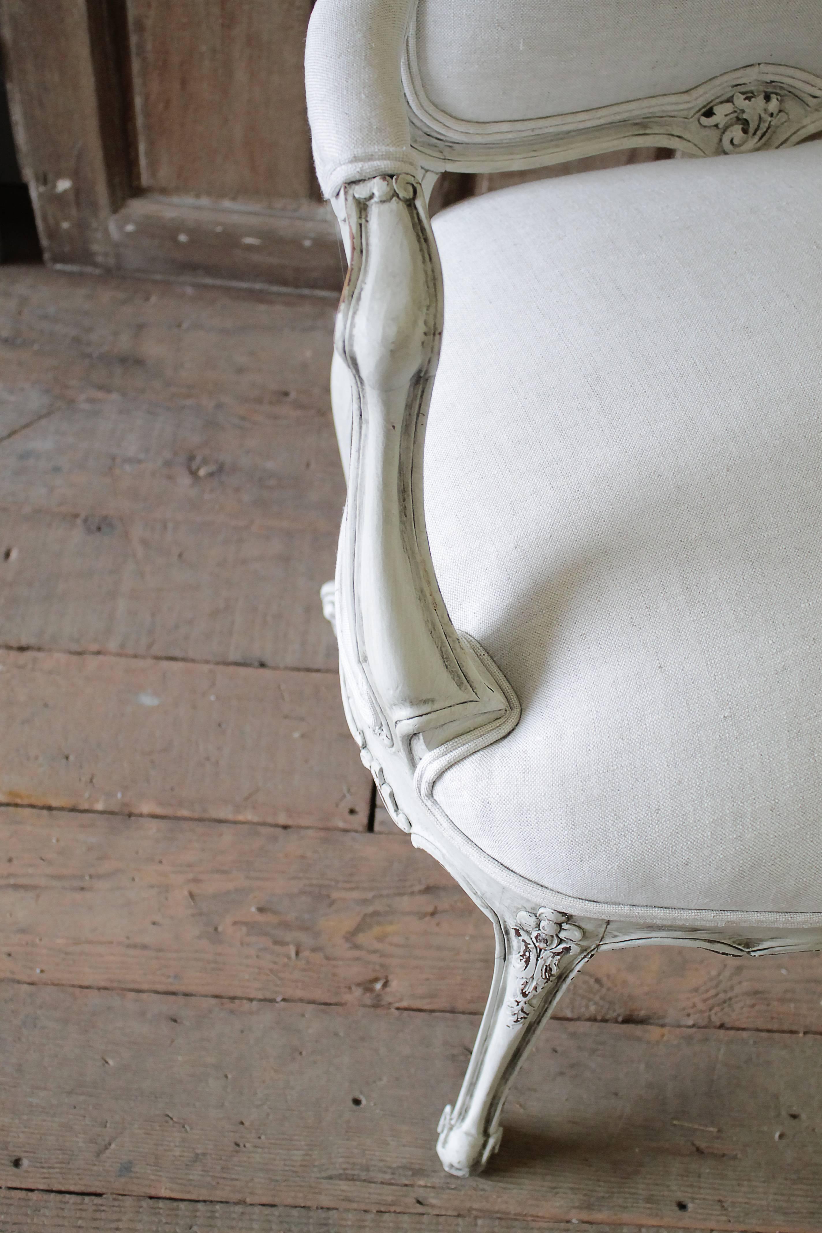 Hand-Carved 20th Century French Louis XV Style Armchair Upholstered in Belgian Linen