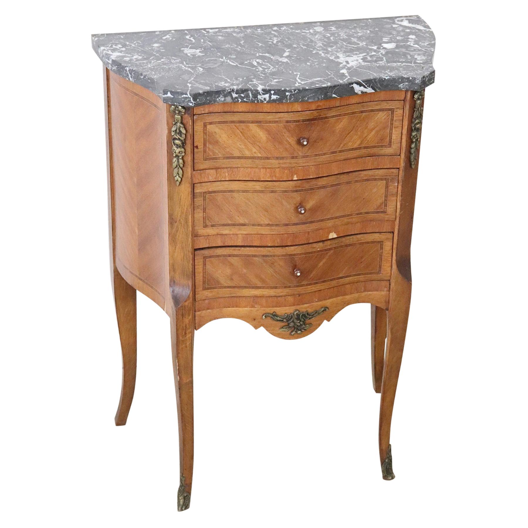 20th Century French Louis XV Style Inlaid Wood Small Dresser with Marble Top