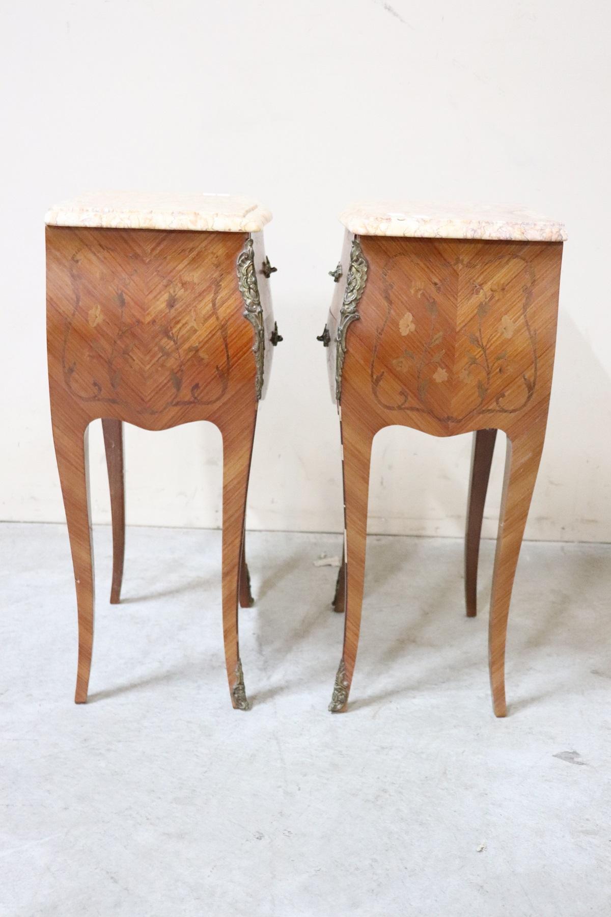 20th Century French Louis XV Style Inlay Wood Golden Bronzes Pair of Nightstands 5