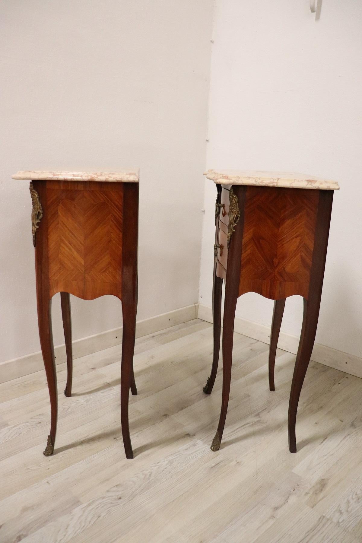 20th Century French Louis XV Style Inlay Wood Golden Bronzes Pair of Nightstands 7