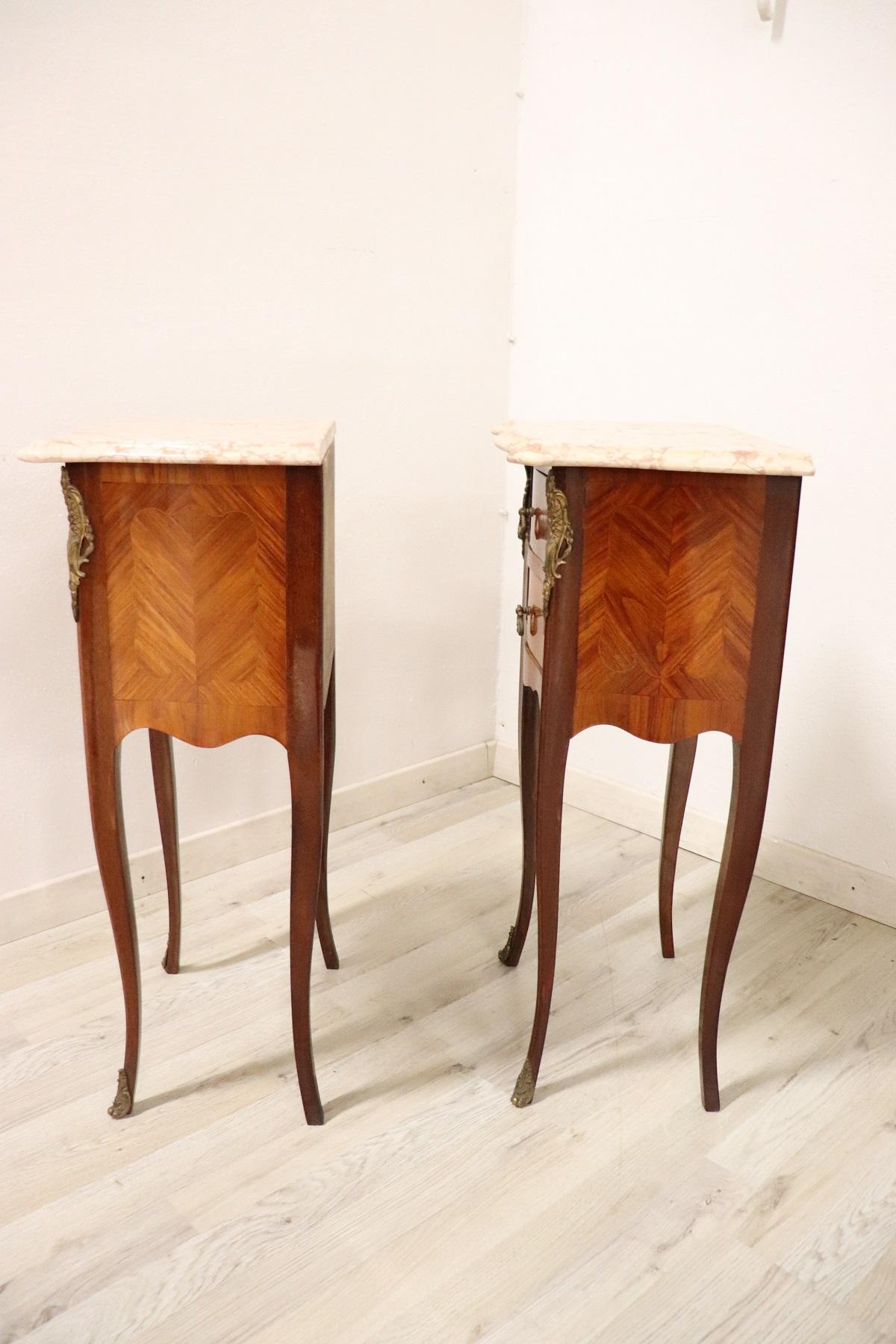 20th Century French Louis XV Style Inlay Wood Golden Bronzes Pair of Nightstands 8