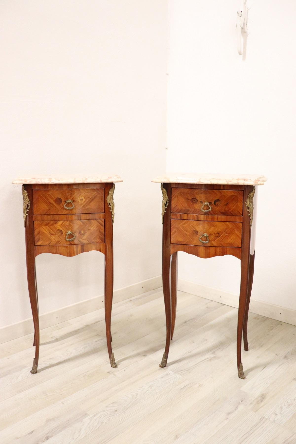 20th Century French Louis XV Style Inlay Wood Golden Bronzes Pair of Nightstands In Excellent Condition In Casale Monferrato, IT