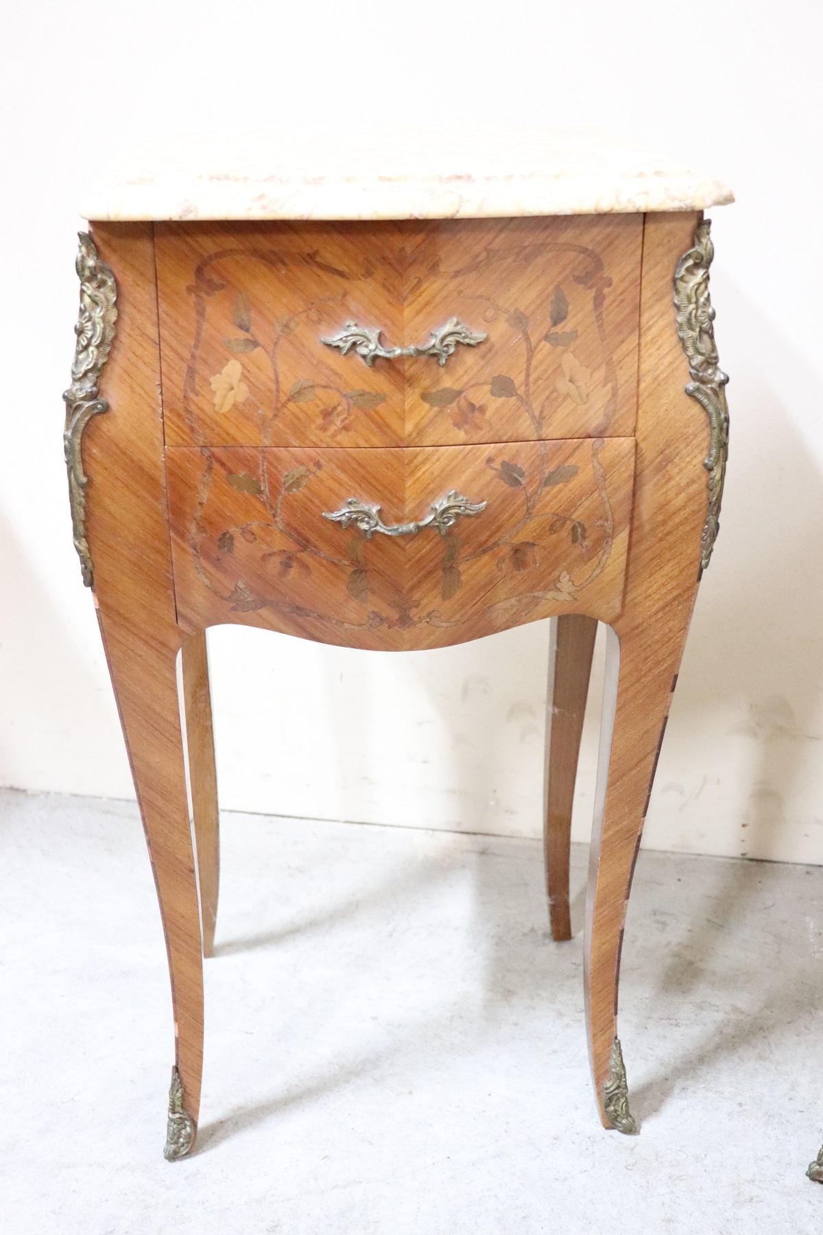 Mid-20th Century 20th Century French Louis XV Style Inlay Wood Golden Bronzes Pair of Nightstands