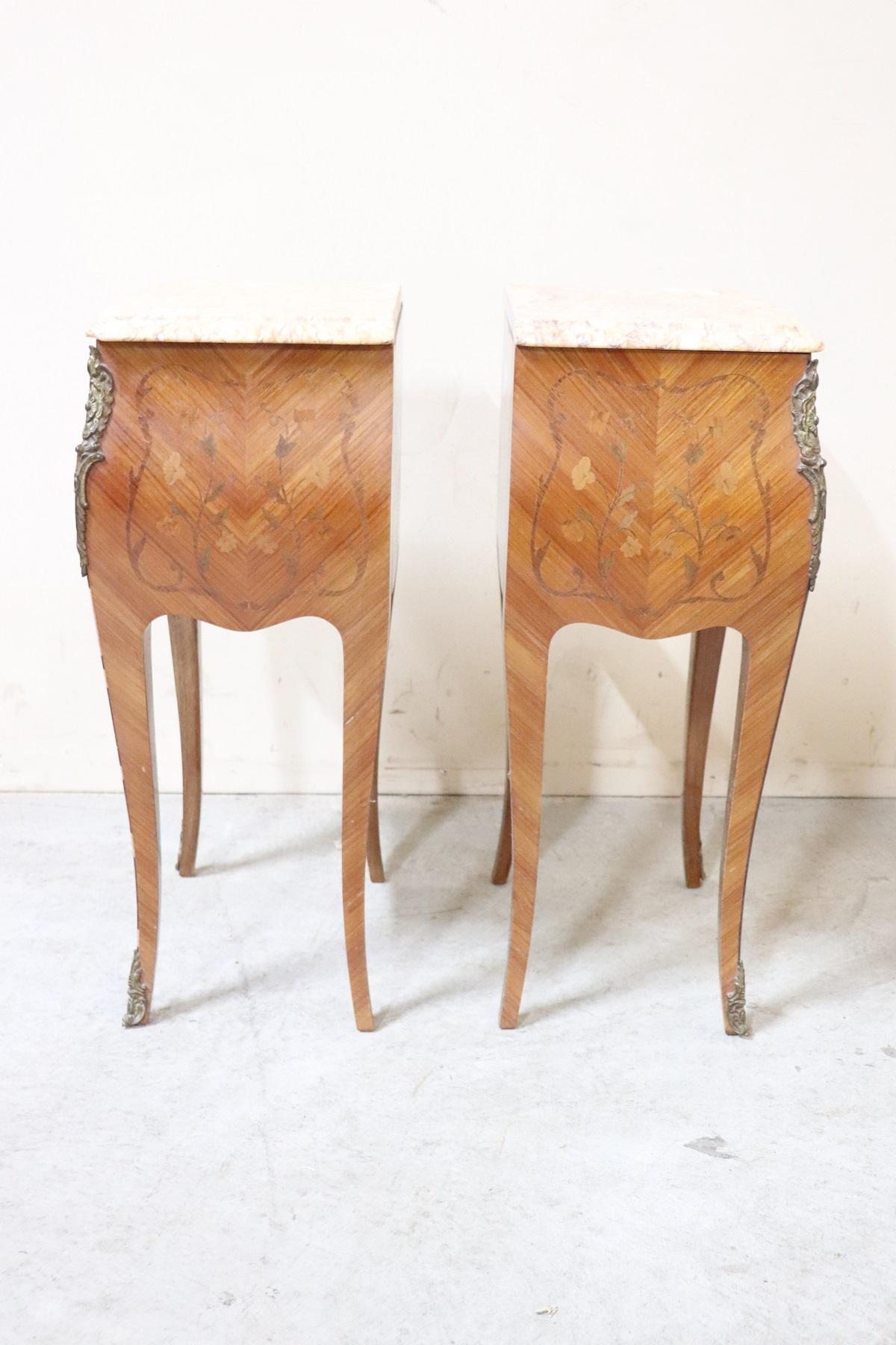 Marble 20th Century French Louis XV Style Inlay Wood Golden Bronzes Pair of Nightstands