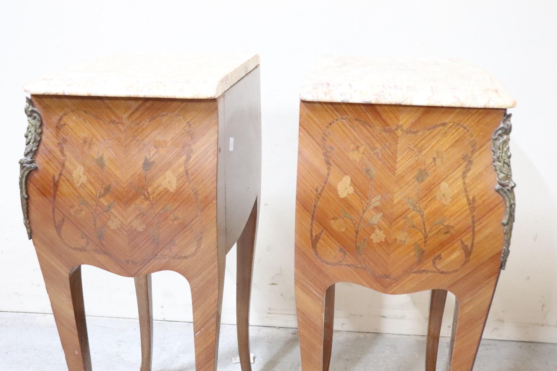 20th Century French Louis XV Style Inlay Wood Golden Bronzes Pair of Nightstands 1