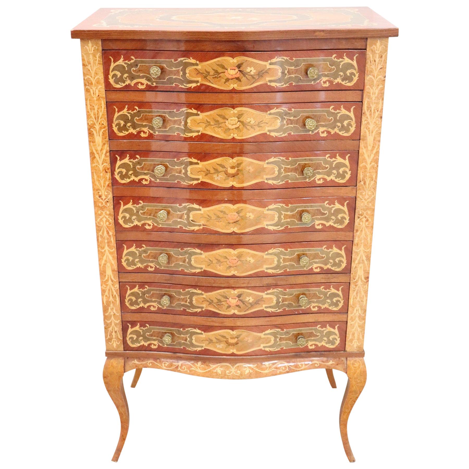 20th Century French Louis XV Style Inlay Wood Tall Chest of Drawers or