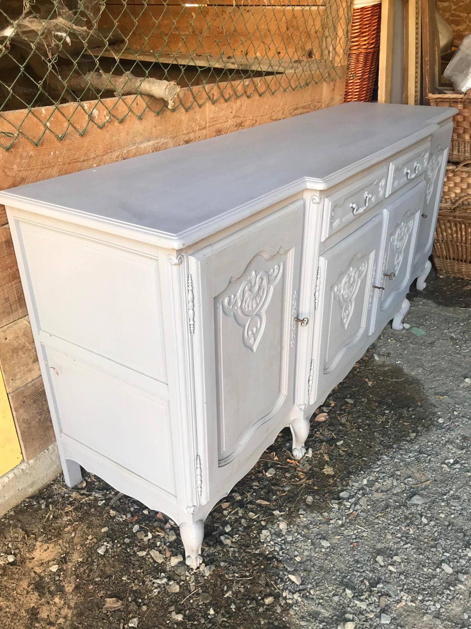 Mid-20th Century 20th Century French Louis XV Style Oak Grey Painted Buffet, 1950s