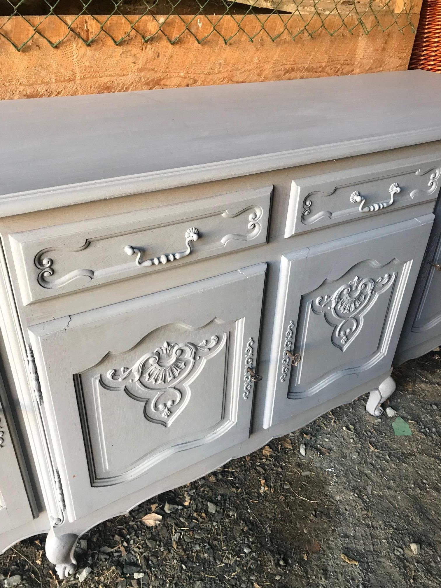 20th Century French Louis XV Style Oak Grey Painted Buffet, 1950s 1