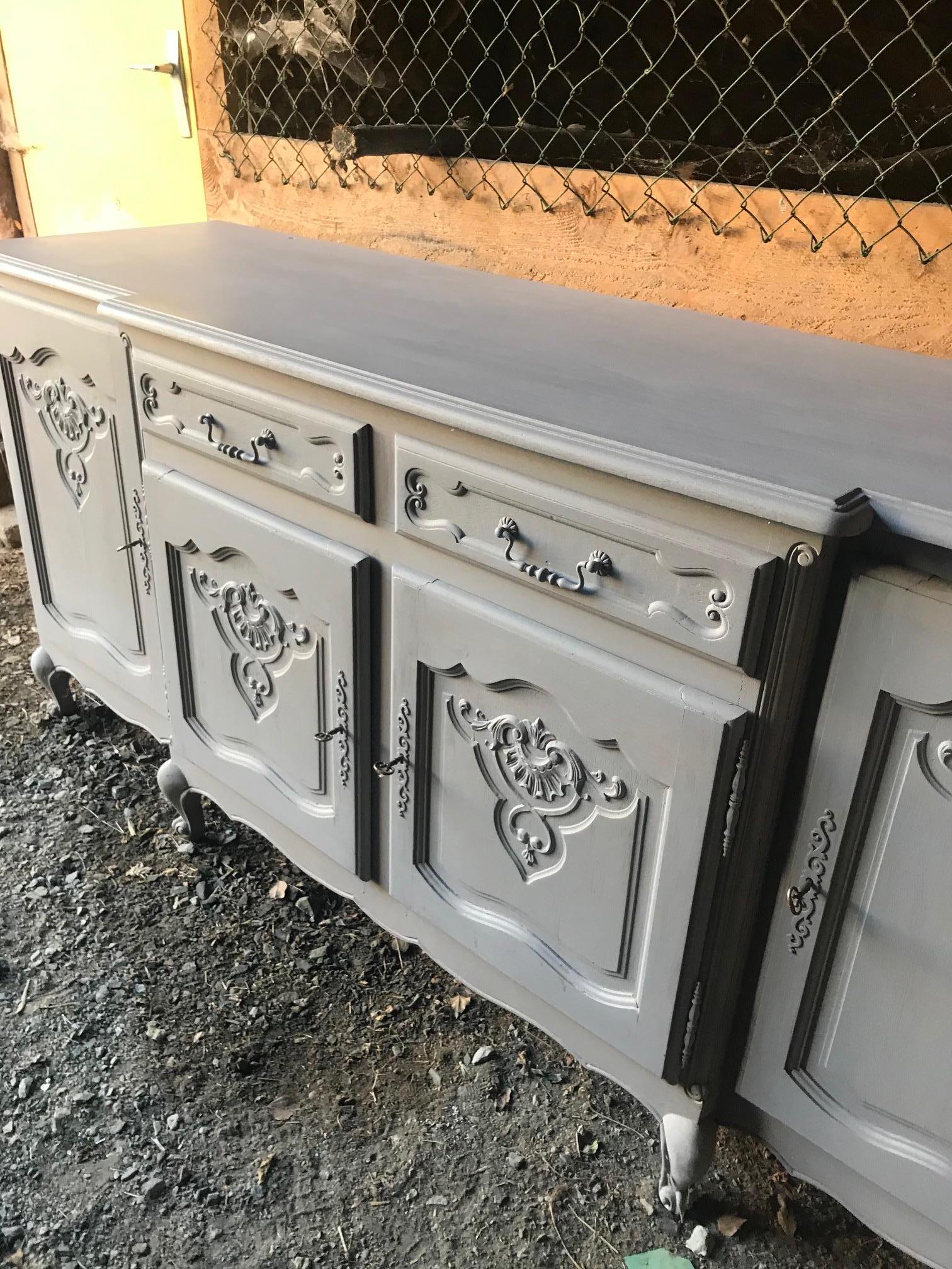 20th Century French Louis XV Style Oak Grey Painted Buffet, 1950s 4