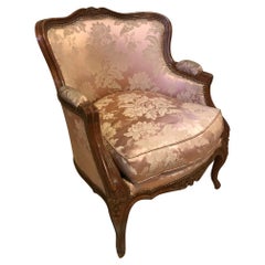 Vintage 20th Century French Louis XV Style Walnut and Silk Armchair, 1950s