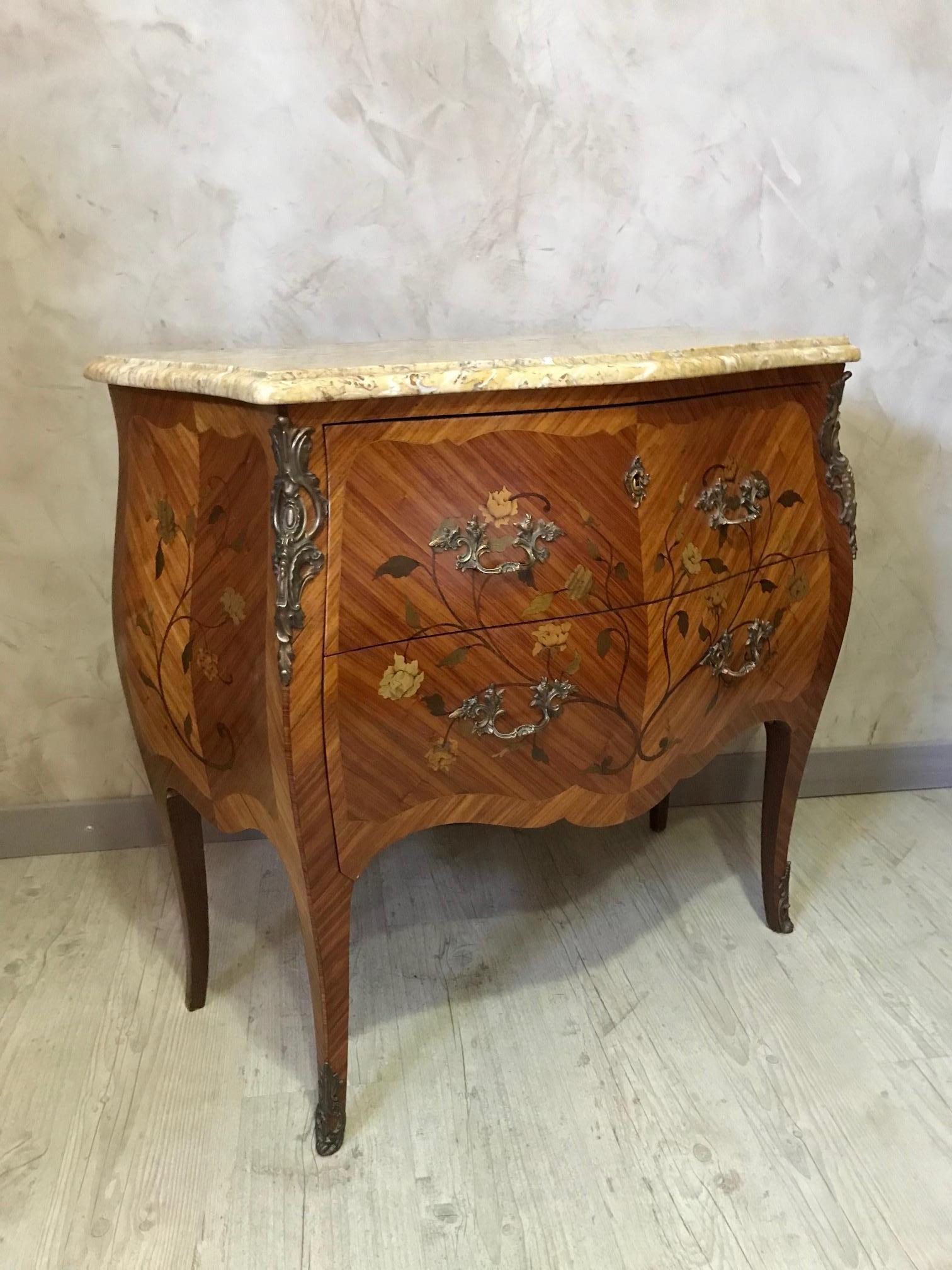 Bronze 20th Century French Louis XV Style Walnut Marquetry Commode, 1950s