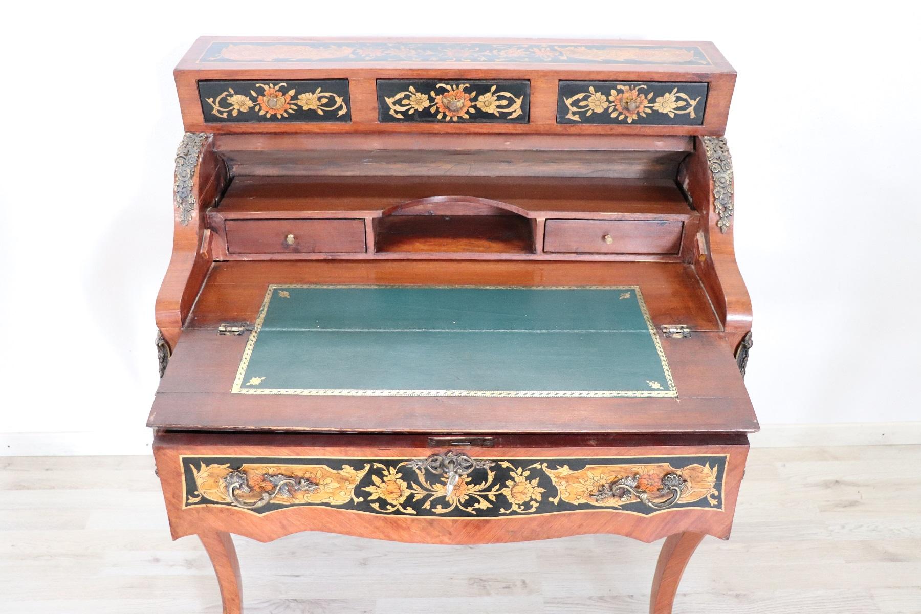 Mid-20th Century 20th Century French Louis XV Style Wood Inlay Golden Bronzes Bureau Desk