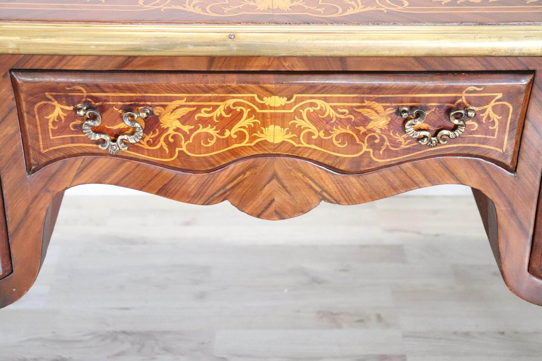 Mid-20th Century 20th Century French Louis XV Style Wood Inlay Golden Bronzes Desk, Writing Table