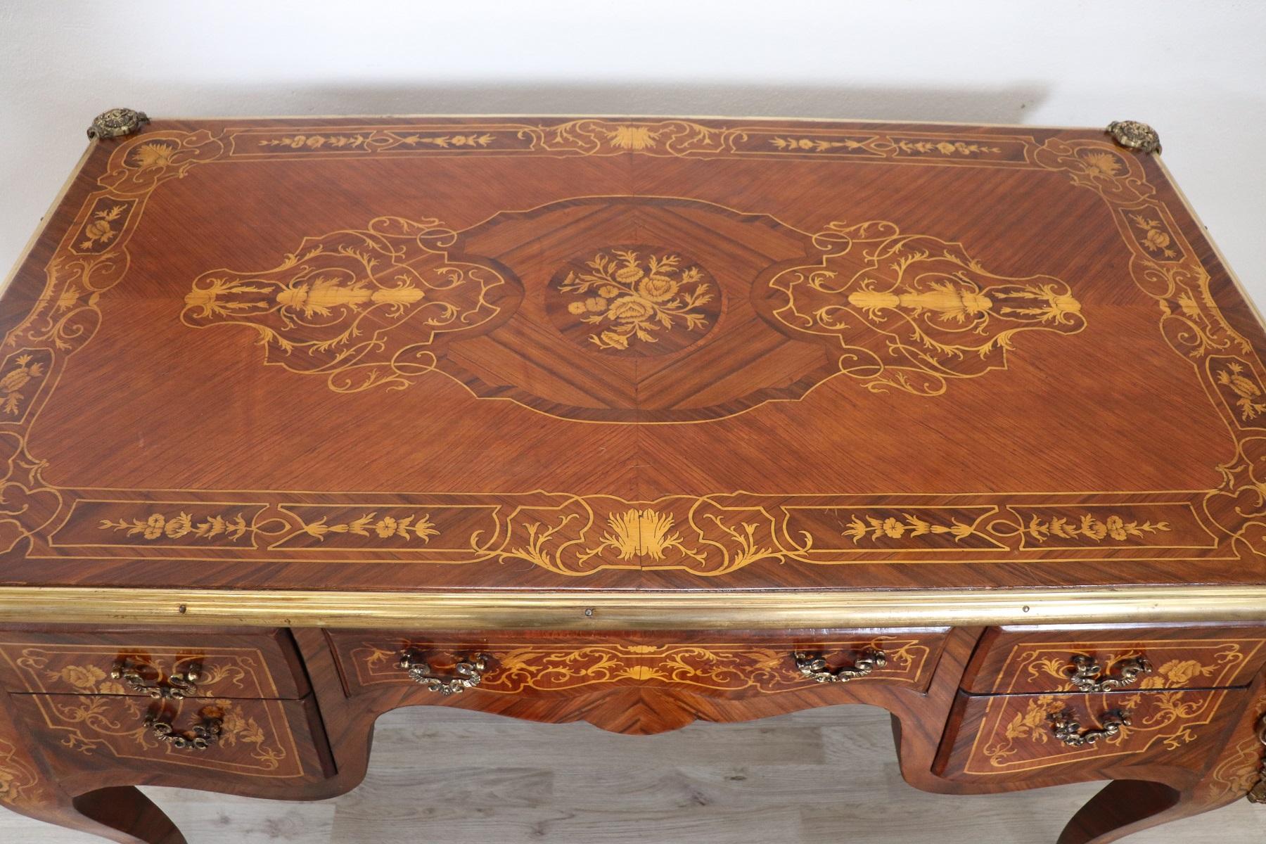 20th Century French Louis XV Style Wood Inlay Golden Bronzes Desk, Writing Table 1