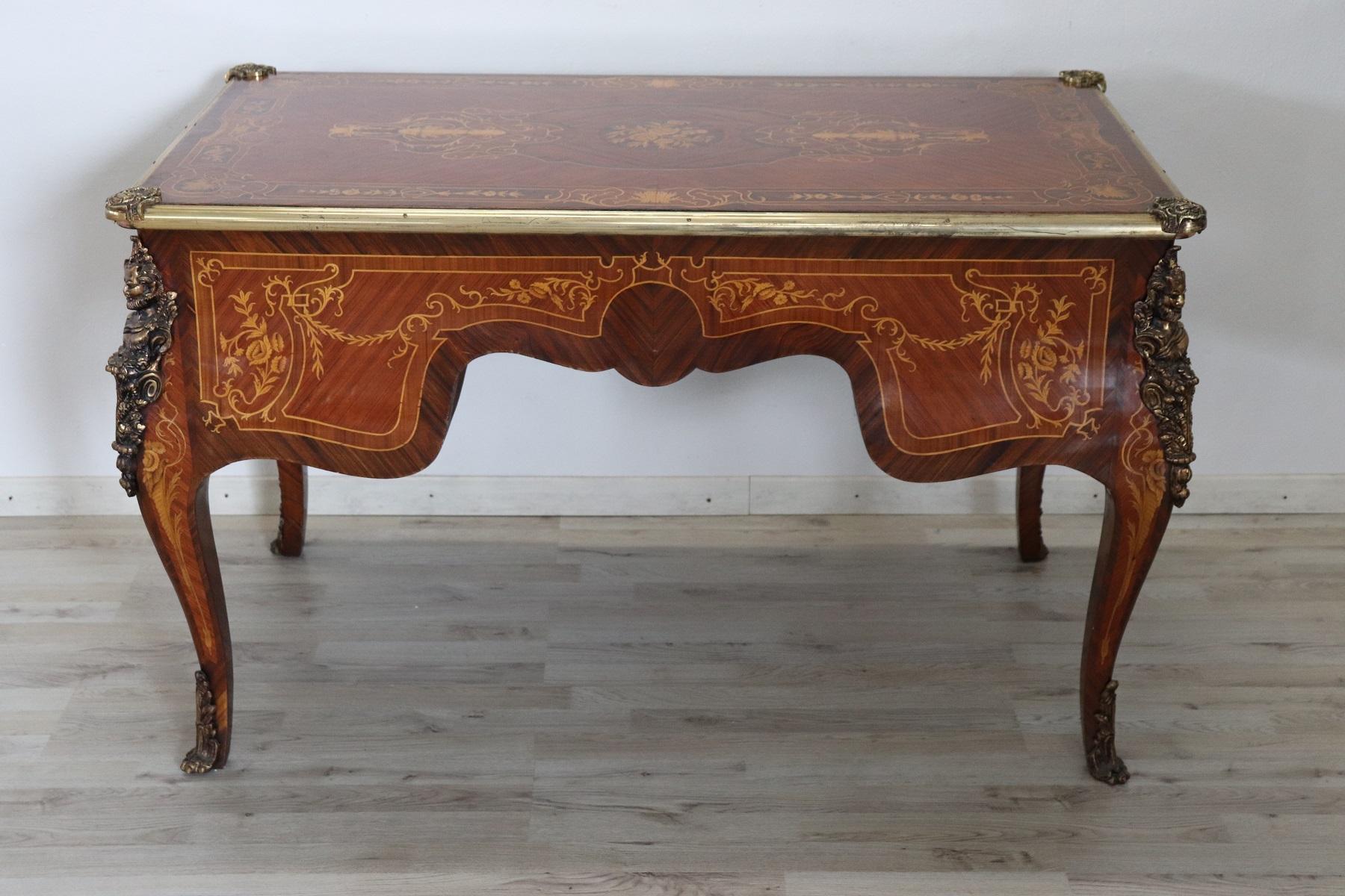 20th Century French Louis XV Style Wood Inlay Golden Bronzes Desk, Writing Table 5