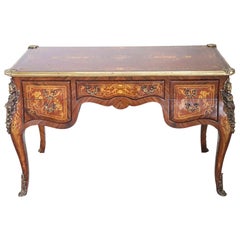 20th Century French Louis XV Style Wood Inlay Golden Bronzes Desk, Writing Table