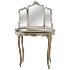 Retro 20th Century French Louis XV Vanity Table with Triple Mirror and Front Drawer