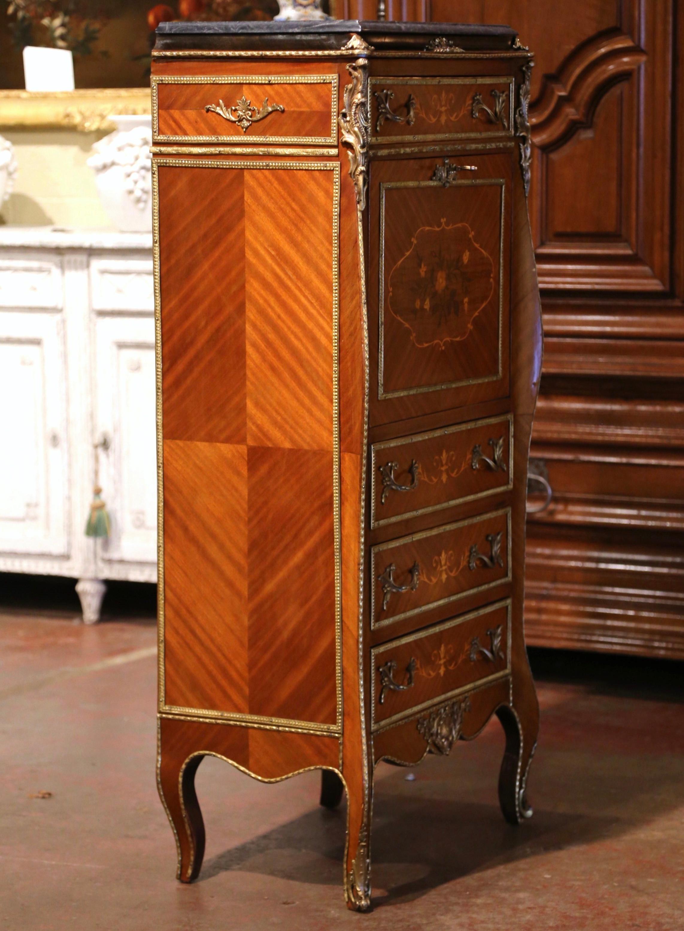 20th Century French Louis XV Walnut Marquetry Secretary Chest with Marble Top For Sale 4