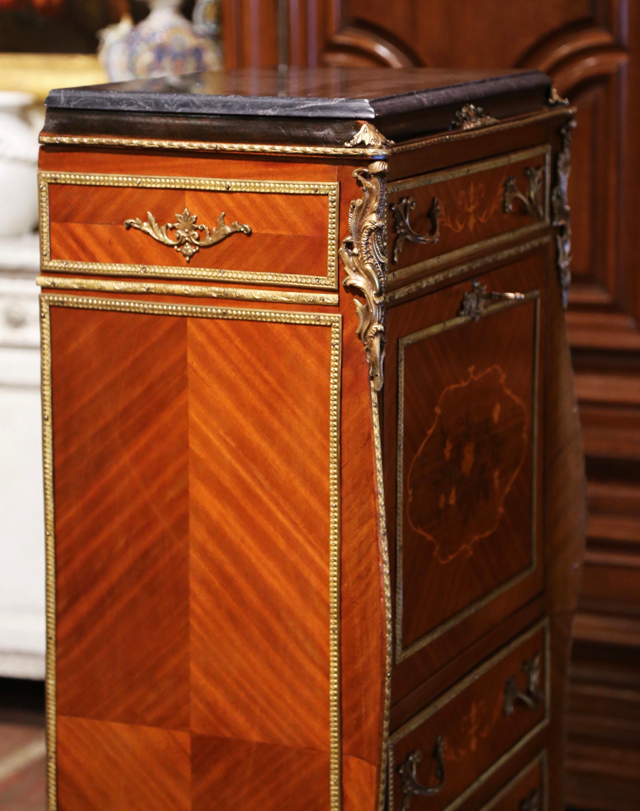 20th Century French Louis XV Walnut Marquetry Secretary Chest with Marble Top For Sale 5