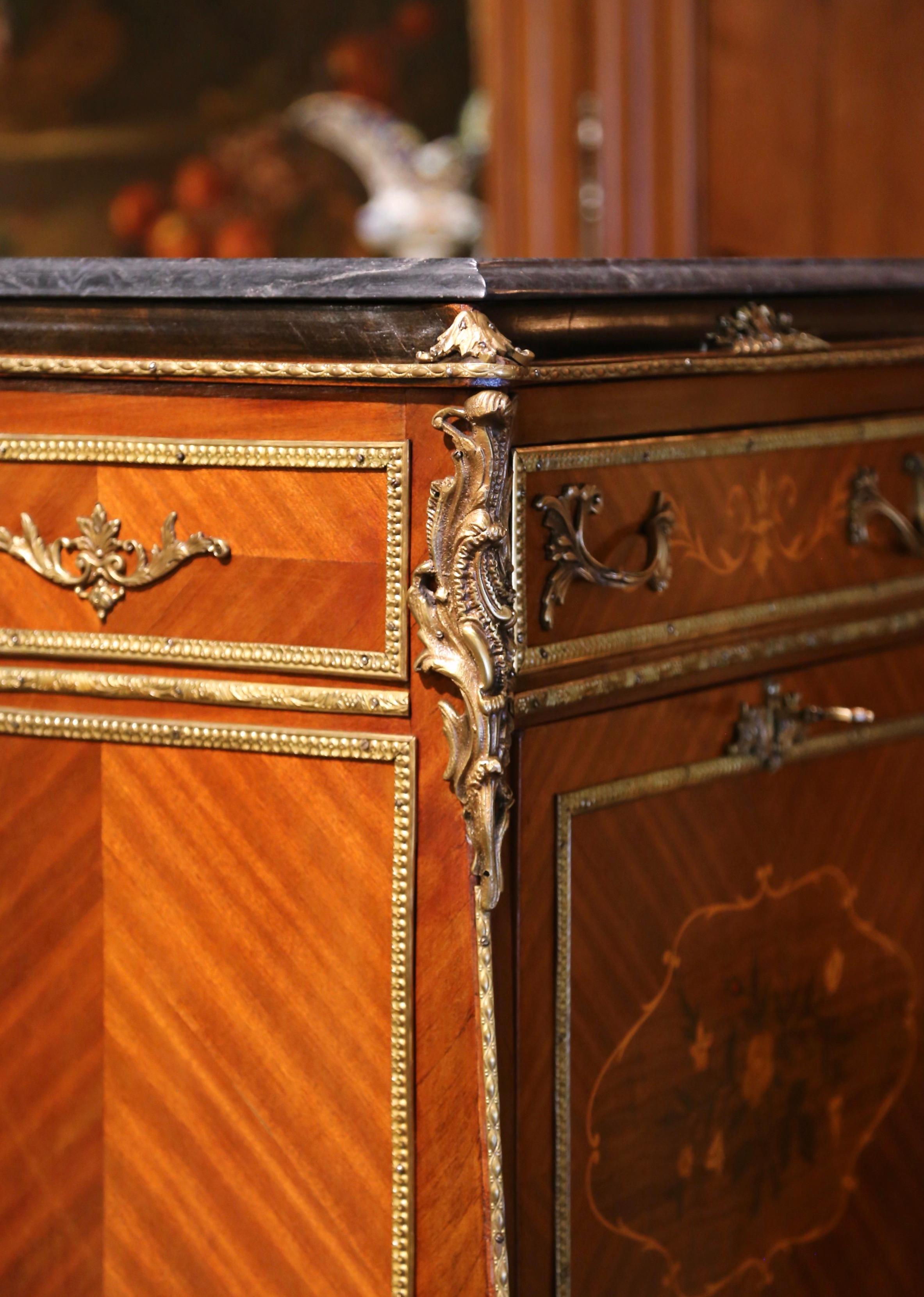 20th Century French Louis XV Walnut Marquetry Secretary Chest with Marble Top For Sale 6