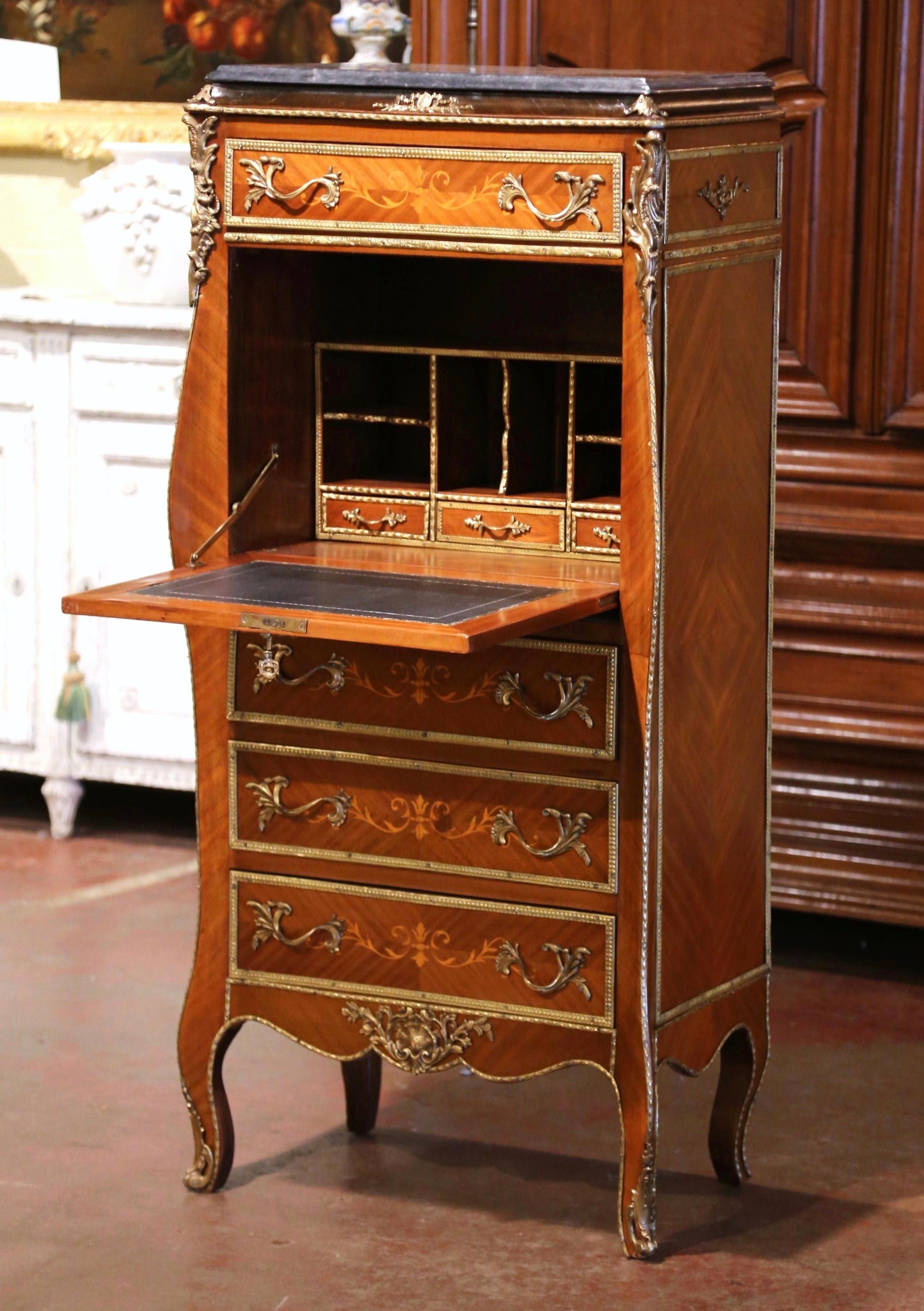 Patinated 20th Century French Louis XV Walnut Marquetry Secretary Chest with Marble Top For Sale