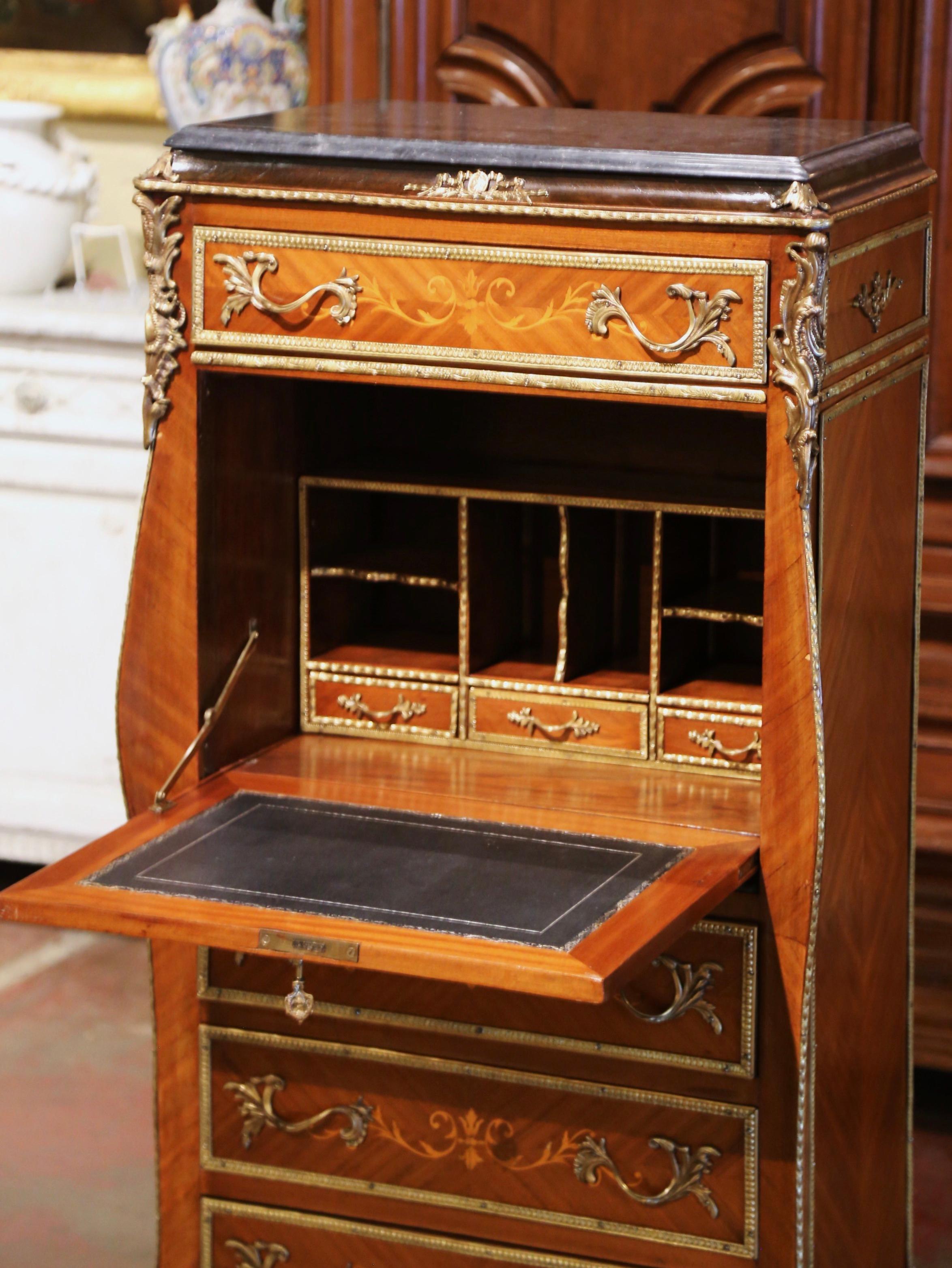 20th Century French Louis XV Walnut Marquetry Secretary Chest with Marble Top In Excellent Condition For Sale In Dallas, TX