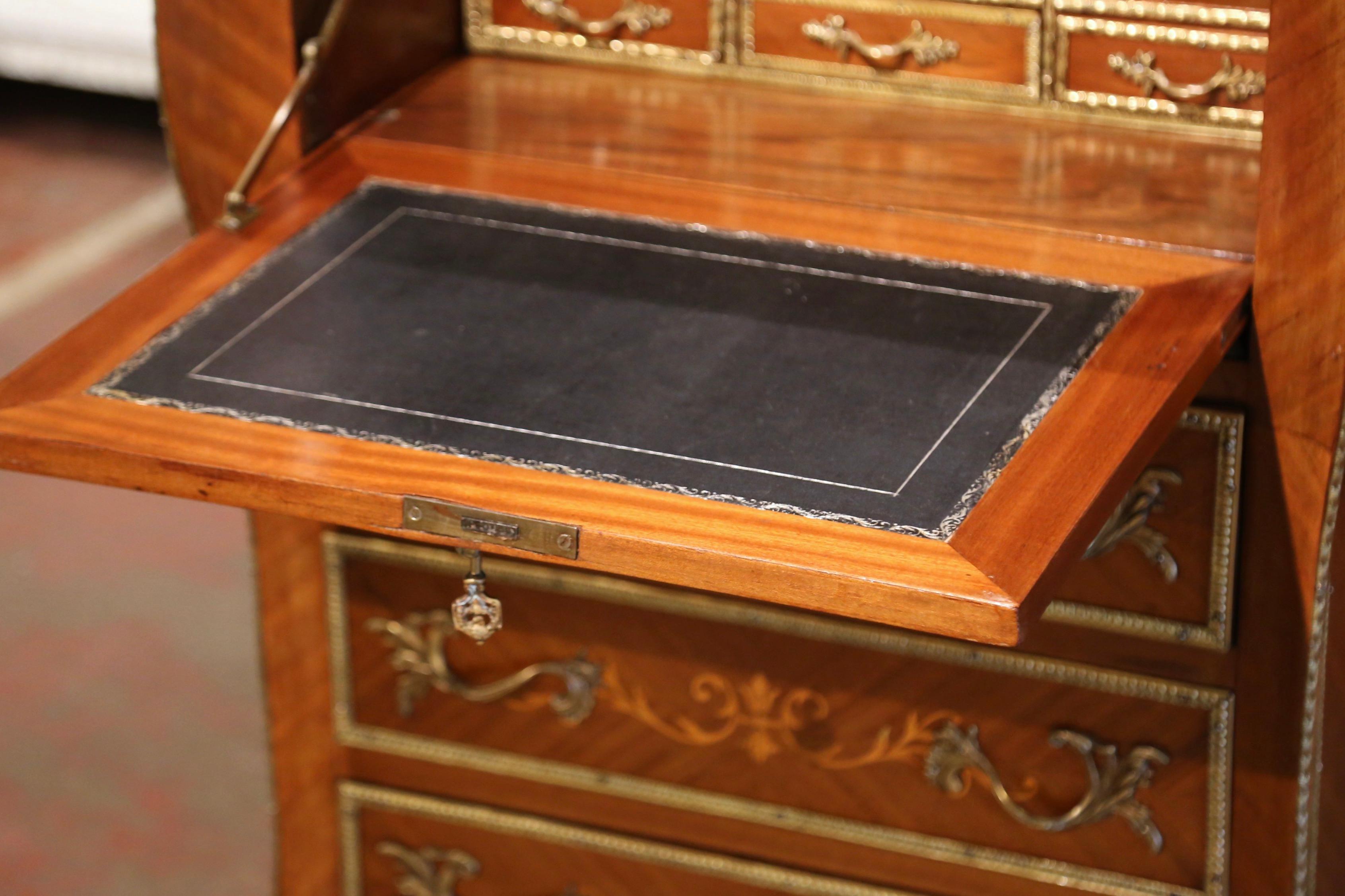 Bronze 20th Century French Louis XV Walnut Marquetry Secretary Chest with Marble Top For Sale