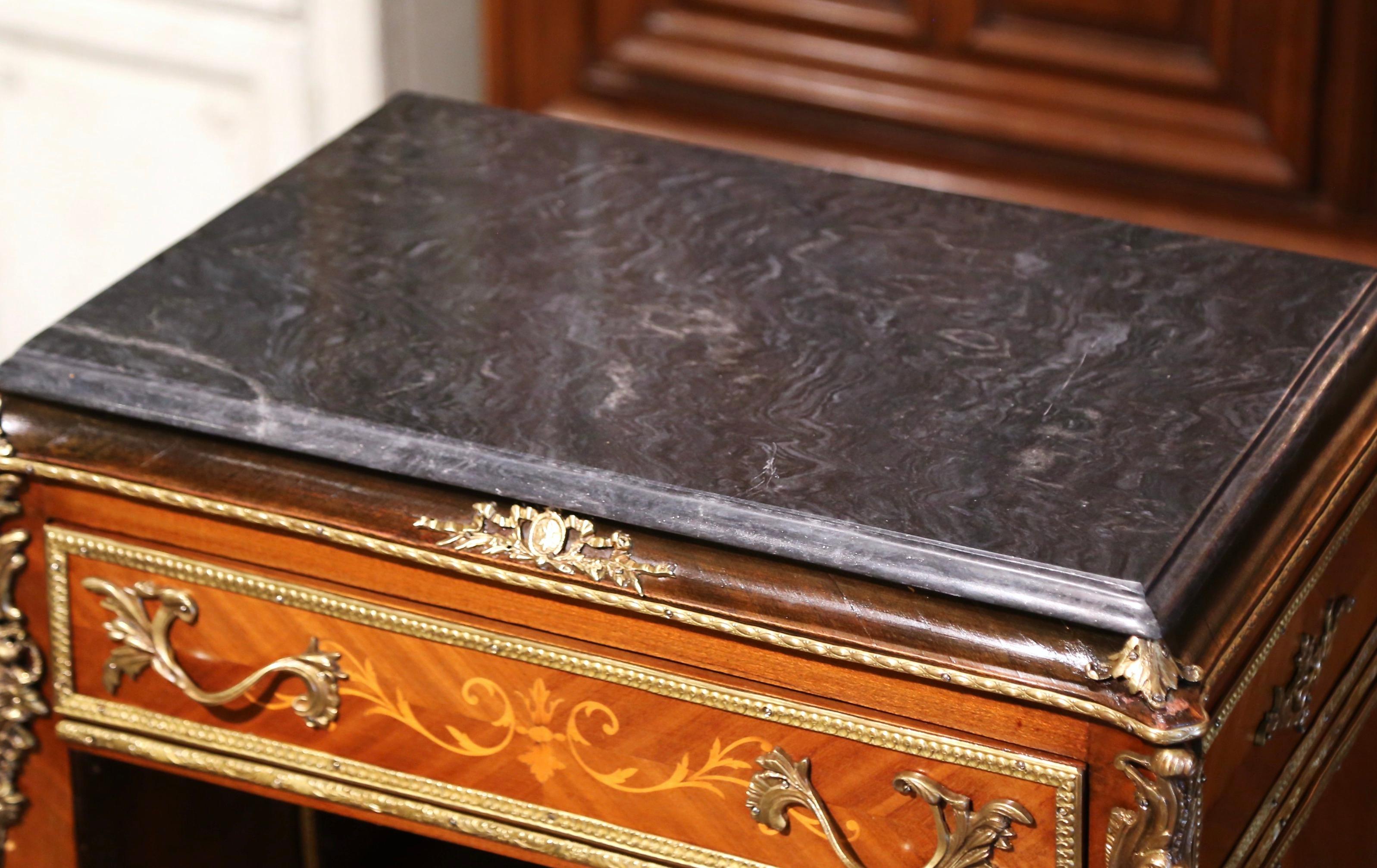 20th Century French Louis XV Walnut Marquetry Secretary Chest with Marble Top For Sale 1