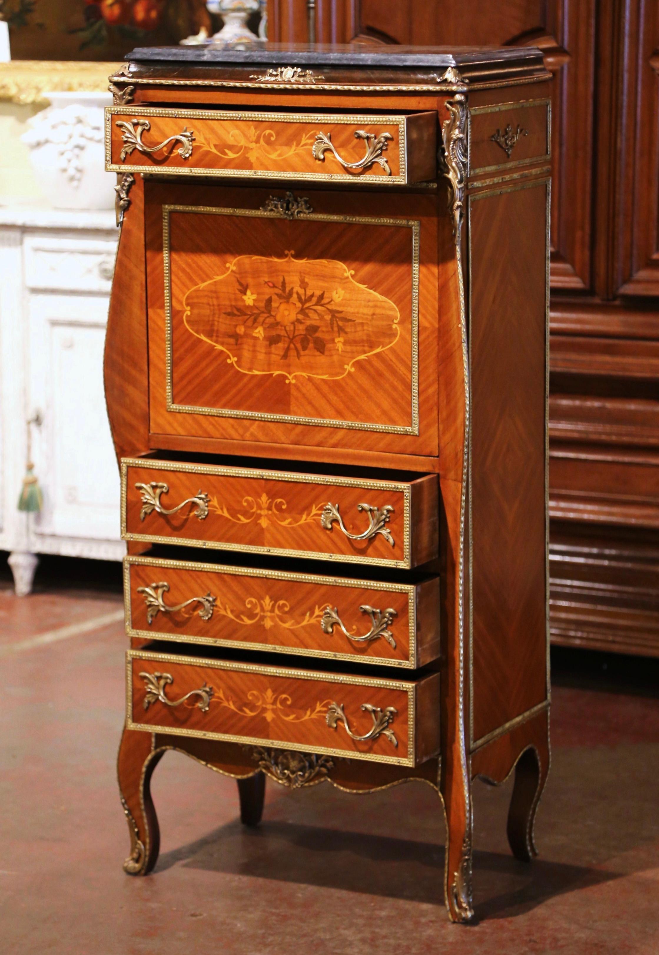 20th Century French Louis XV Walnut Marquetry Secretary Chest with Marble Top For Sale 2