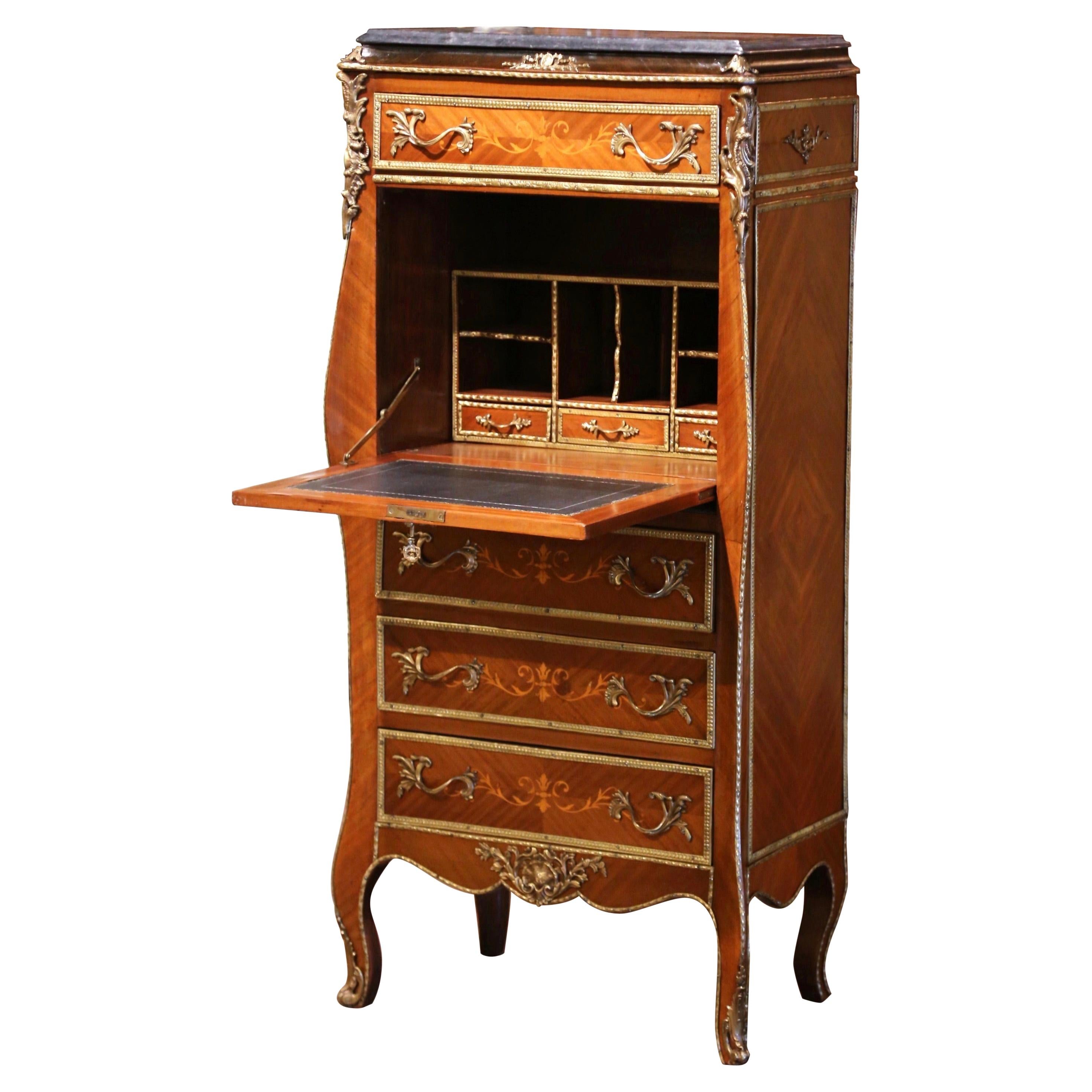 20th Century French Louis XV Walnut Marquetry Secretary Chest with Marble Top