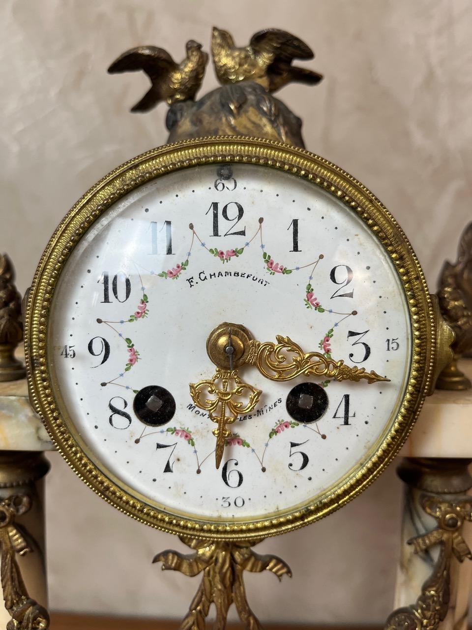20th century French Louis XVI Marble and Gilded Bronze Mantel Clock, 1940s For Sale 12